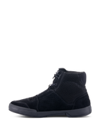 Alpinestars Chrome Air Shoe, Urban Motorcycle Riding Shoe, Black/Black, side profile view, high-top sneaker design with breathable mesh and split suede construction, flat rubber sole