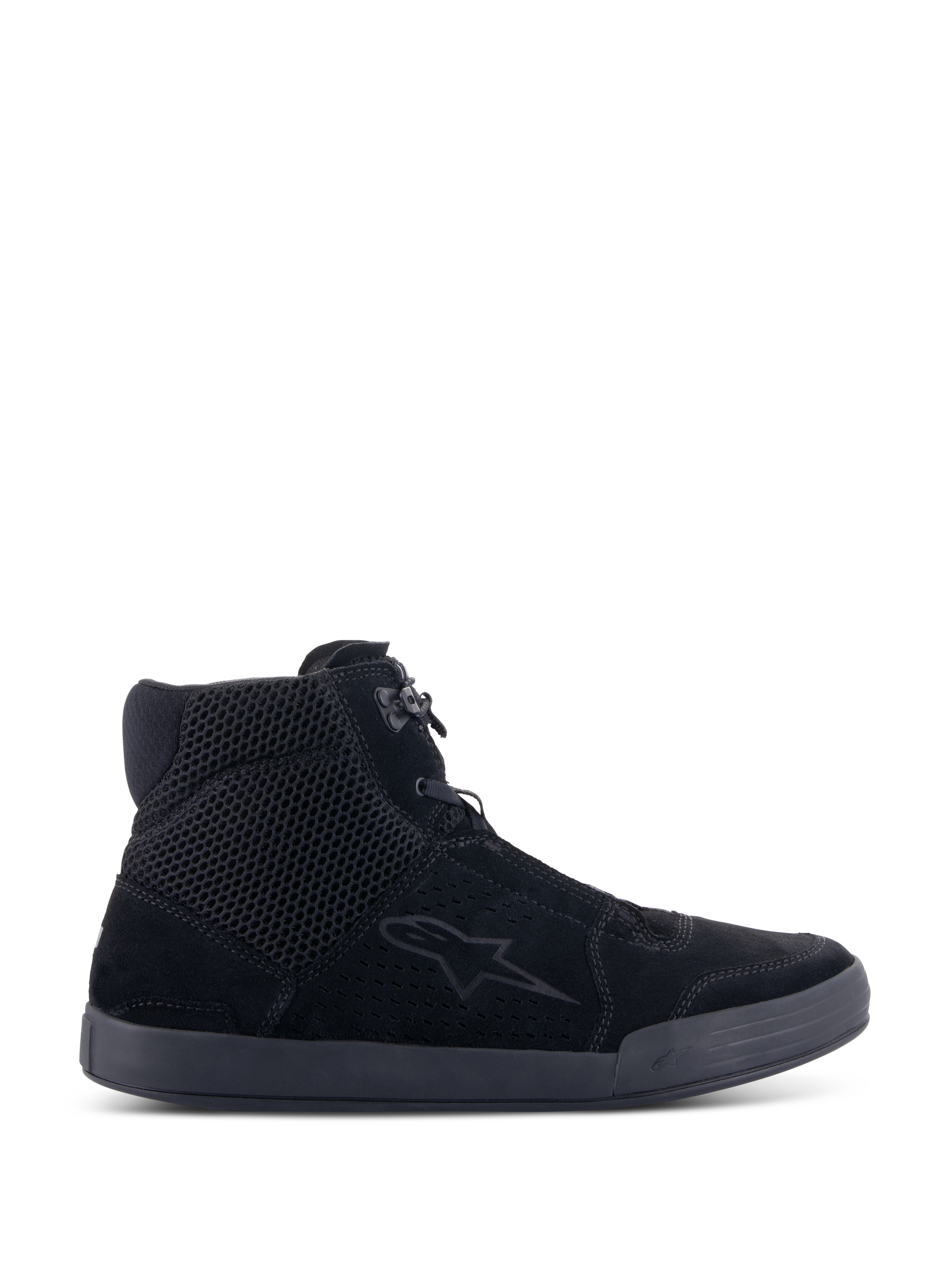 Alpinestars Chrome Air Shoe, Urban Motorcycle Riding Shoes, Black on Black, side view featuring split suede and mesh upper, high-top sneaker silhouette, casual protective footwear for road use