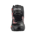 Alpinestars FQ20 Faster-3 Rideknit®-skor, motorcykelskor, svarta och klarröda, vy framifrån med snörning och kardborreband vid ankeln med Alpinestars logotyp, grafiskt tryck på sidorna, slank racinginspirerad profil
