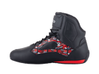 Alpinestars FQ20 Faster-3 Rideknit®-skor, motorcykelskor, svarta med röd och vit Fabio Quartararo-grafik, hög modell med snörning och ankelrem, röd häldetalj, profilvy från sidan