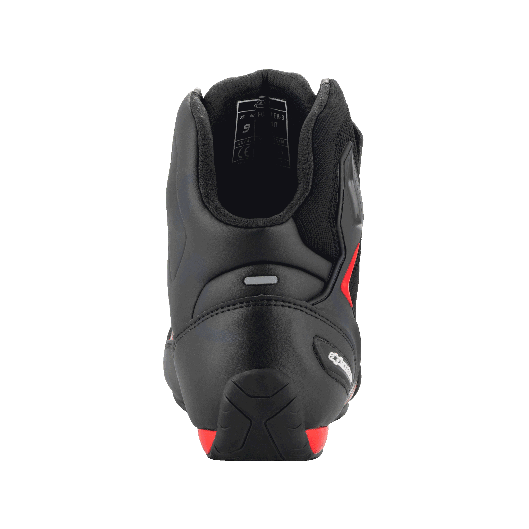 Alpinestars FQ20 Faster-3 Rideknit®-skor, svarta och klarröda, vy bakifrån som framhäver den konturerade hälkappan, reflexremsa och vadderad ankelkrage, tekniska motorcykelskor