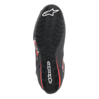 Alpinestars FQ20 Faster-3 Rideknit®-skor, undersida av den mönstrade gummisulan, svart med vita Alpinestars-logotyper och röda detaljer, designad för grepp och stabilitet på motorcykelns reglage