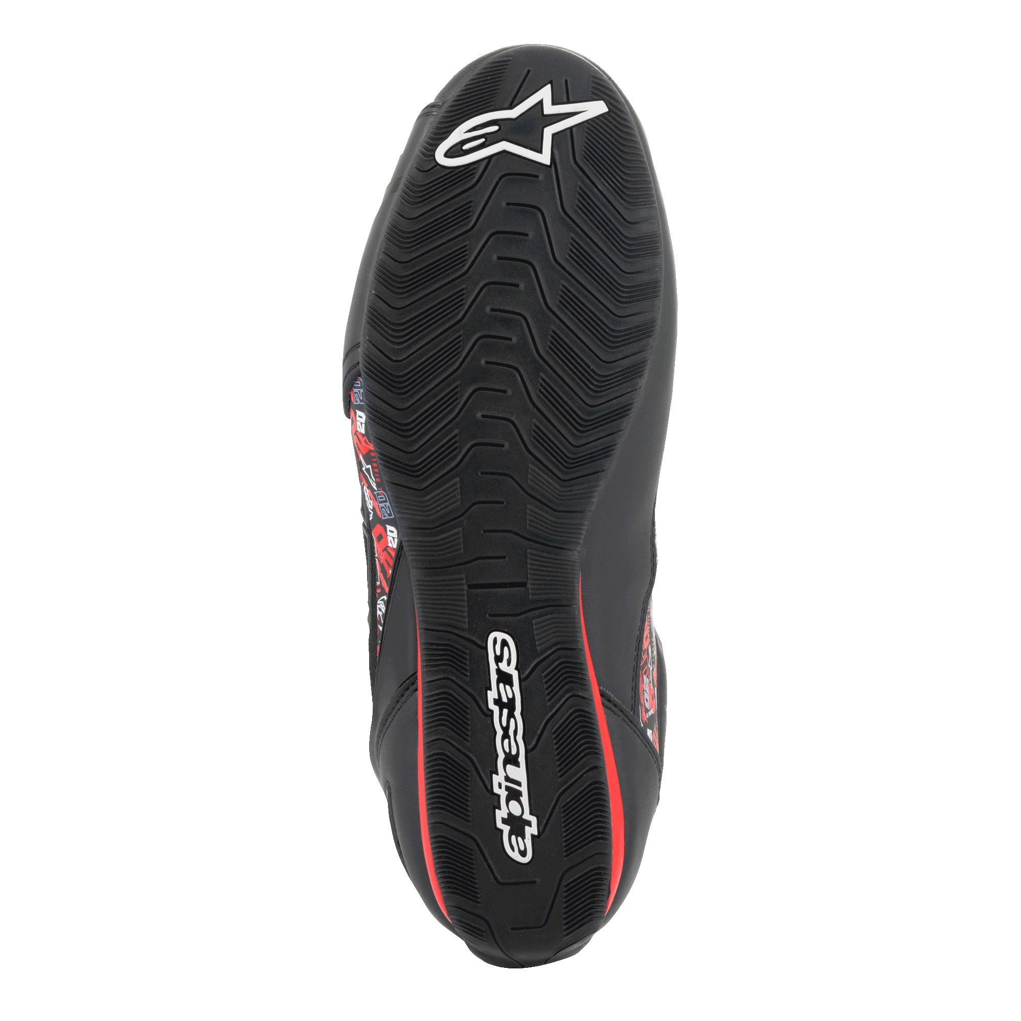 Alpinestars FQ20 Faster-3 Rideknit®-skor, undersida av den mönstrade gummisulan, svart med vita Alpinestars-logotyper och röda detaljer, designad för grepp och stabilitet på motorcykelns reglage