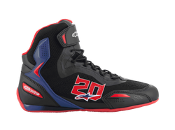 Alpinestars FQ20 Faster-3 Rideknit Shoes, Black high-top motorcycle riding shoes with bright red and blue accents, featuring a large red number 20 on the side, red sole, black laces, and breathable Rideknit mesh and synthetic construction.