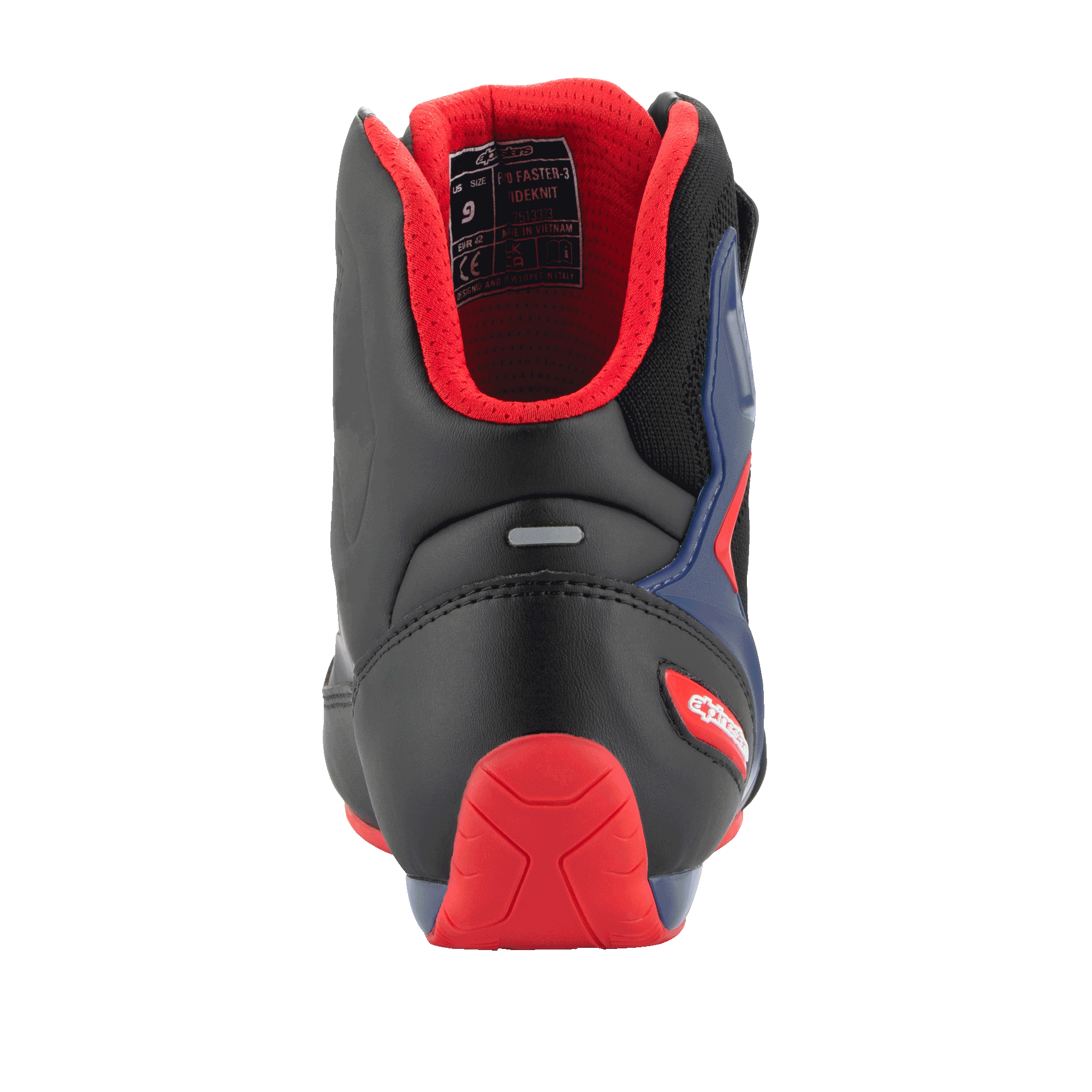 Alpinestars FQ20 Faster-3 Rideknit®-skor, motorcykelskor, svart, klaröd och blå, vy bakifrån som visar röd TPR-hälkappa, vadderat rött meshfoder och reflexremsa, sportig design för vägkörning.