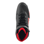 Alpinestars FQ20 Faster-3 Rideknit®-skor, motorcykelskor, svarta med klaröda och blå detaljer, vy uppifrån med Rideknit®-mesh som andas, snörning och vadderad röd insida