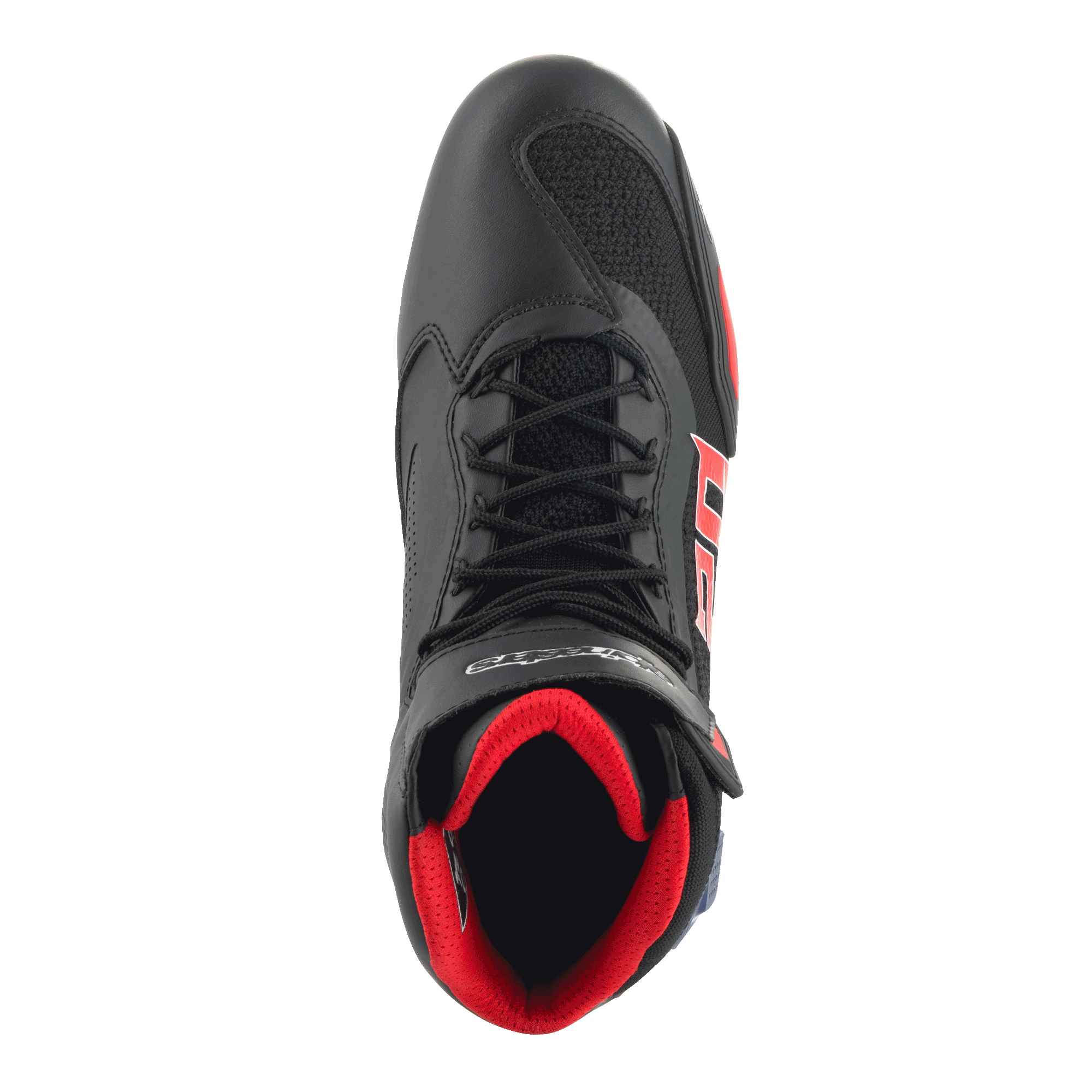 Alpinestars FQ20 Faster-3 Rideknit®-skor, motorcykelskor, svarta med klaröda och blå detaljer, vy uppifrån med Rideknit®-mesh som andas, snörning och vadderad röd insida
