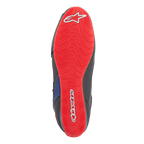 Alpinestars FQ20 Faster-3 Rideknit®-skor, vy av sulans undersida, klarröd med vit Alpinestars-logotyp och text, texturerat greppmönster för motorcykelkörning