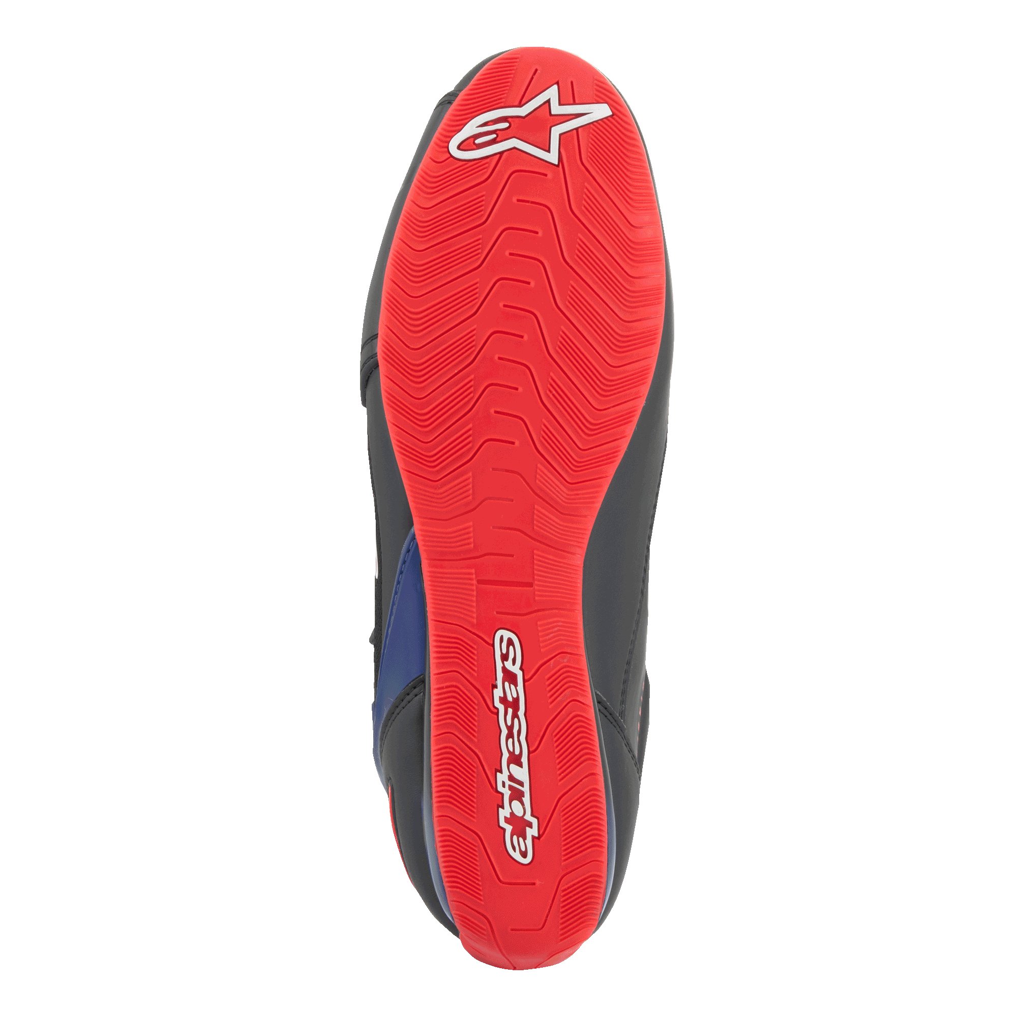 Alpinestars FQ20 Faster-3 Rideknit®-skor, vy av sulans undersida, klarröd med vit Alpinestars-logotyp och text, texturerat greppmönster för motorcykelkörning