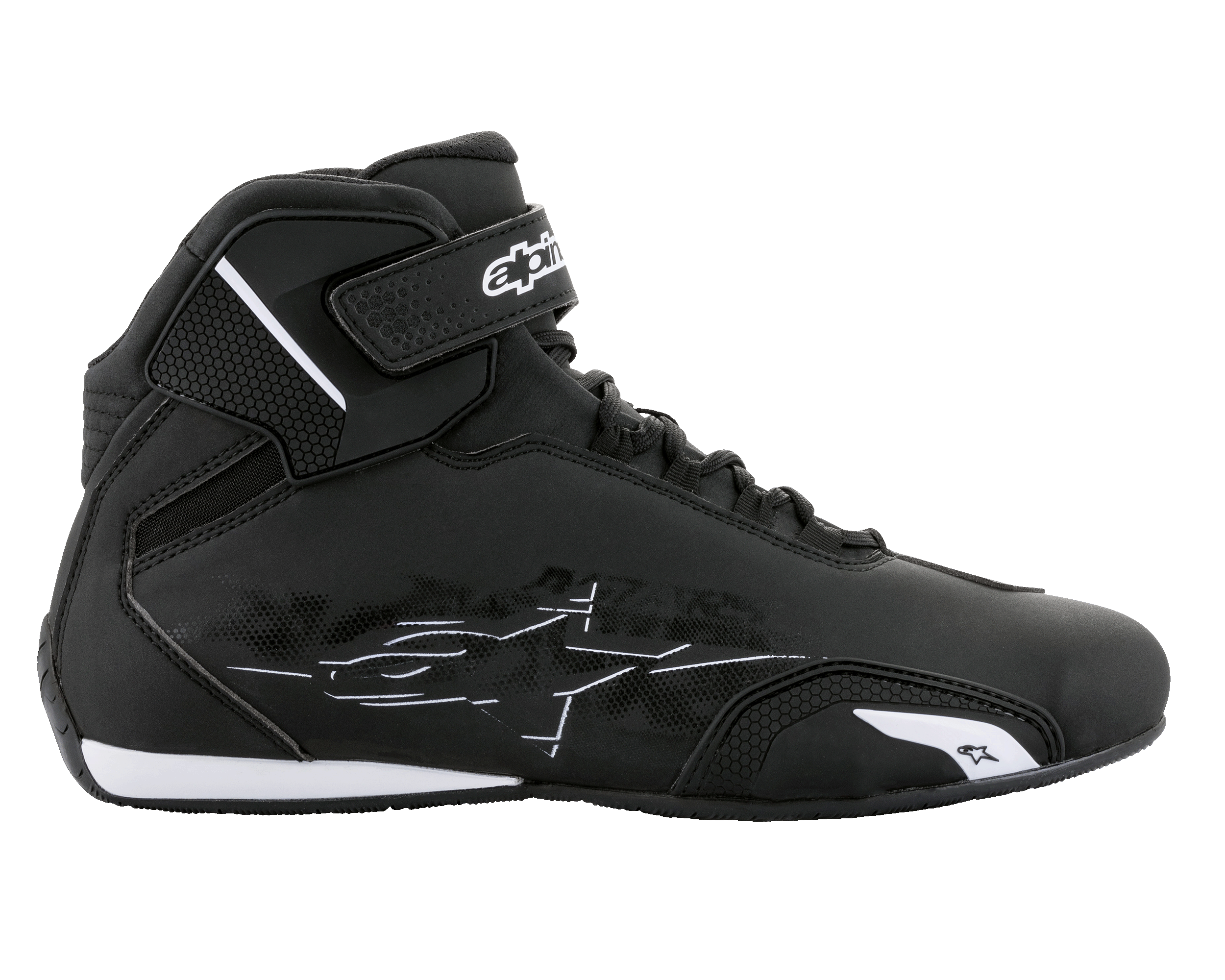 Alpinestars Sektor Shoes, Motorcycle Riding Shoes, Black and White, side profile featuring lightweight microfiber upper, speed lacing system, and hook-and-loop ankle strap with white branding, sleek protective design for road riding