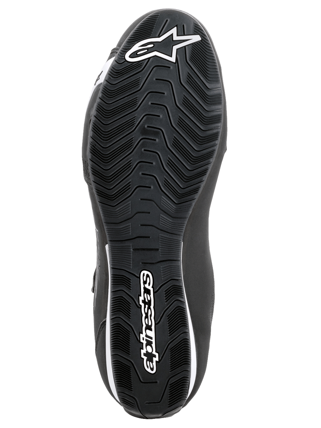 Alpinestars Sektor-skor, motorskor, svarta och vita, undersida av den texturerade gummisulan med vågformigt mönster, med vit Alpinestars-logotyp och stjärnsymbol.