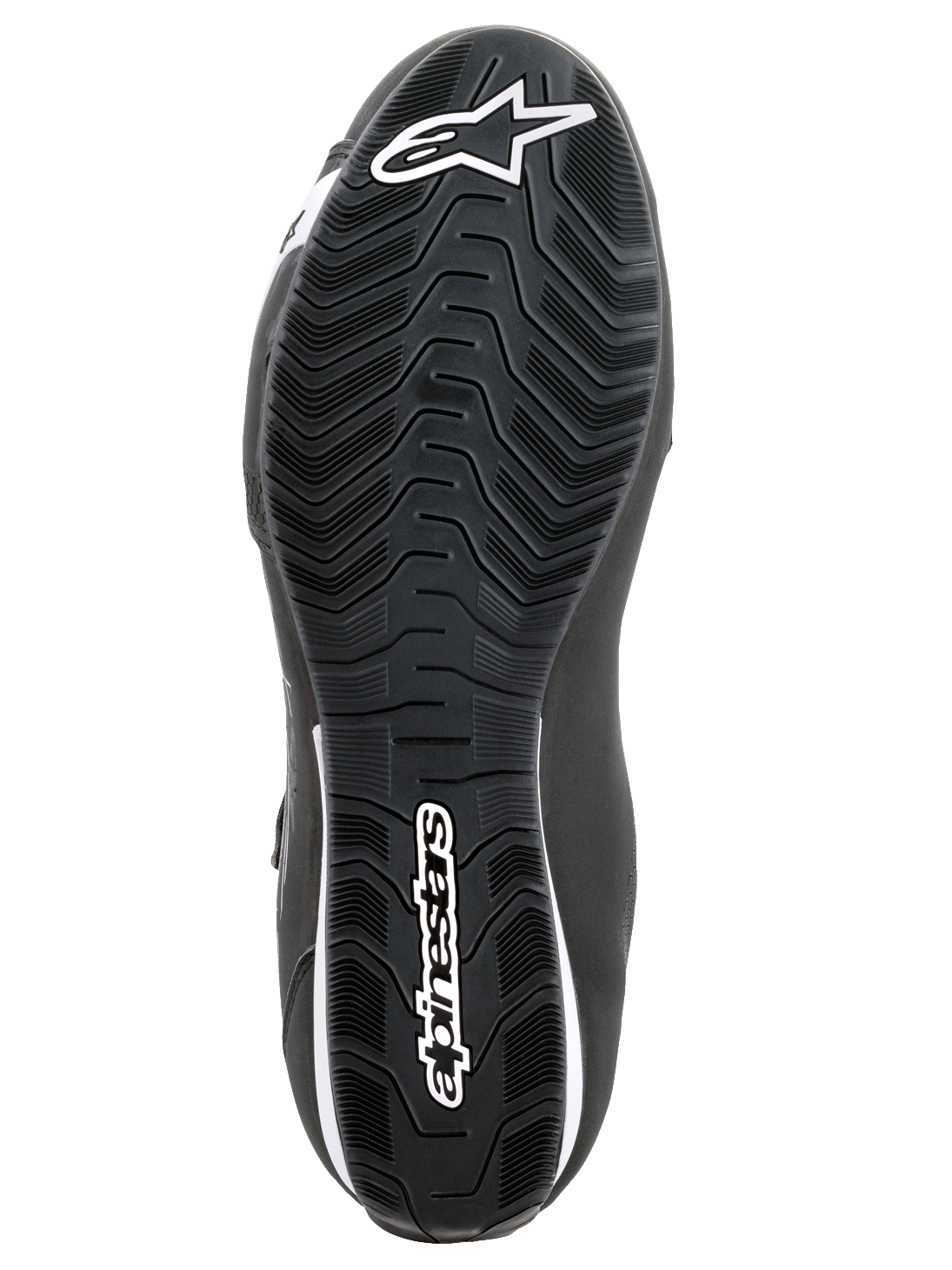 Alpinestars Sektor-skor, motorskor, svarta och vita, undersida av den texturerade gummisulan med vågformigt mönster, med vit Alpinestars-logotyp och stjärnsymbol.