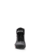 Alpinestars Sektor Shoe, Motorcycle Riding Shoe, Black, front view showing microfiber chassis, speed lacing system, and ankle strap with white Alpinestars logo, sleek athletic design for road riding