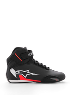 Alpinestars Sektor Shoe, Motorcycle Riding Shoes, Black White and Red Fluo, high-top design with speed lacing and ankle strap, large white star logo on side with red accents, microfiber upper with reinforced toe, sleek racing-inspired profile