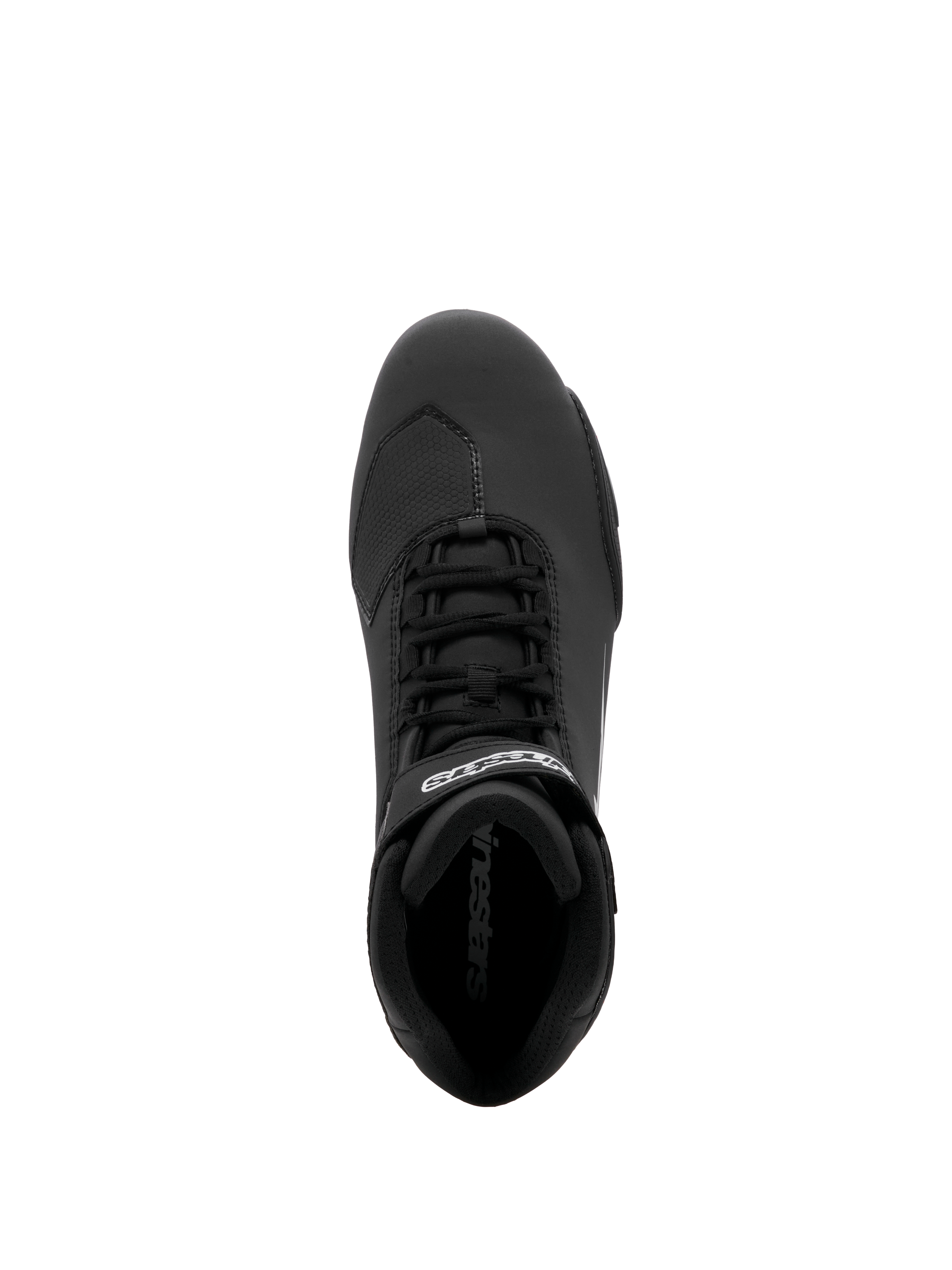 Alpinestars Sektor Shoe, Motorcycle Riding Shoe, Black, top-down view featuring speed lacing system and secure ankle strap with white branding, lightweight microfiber construction