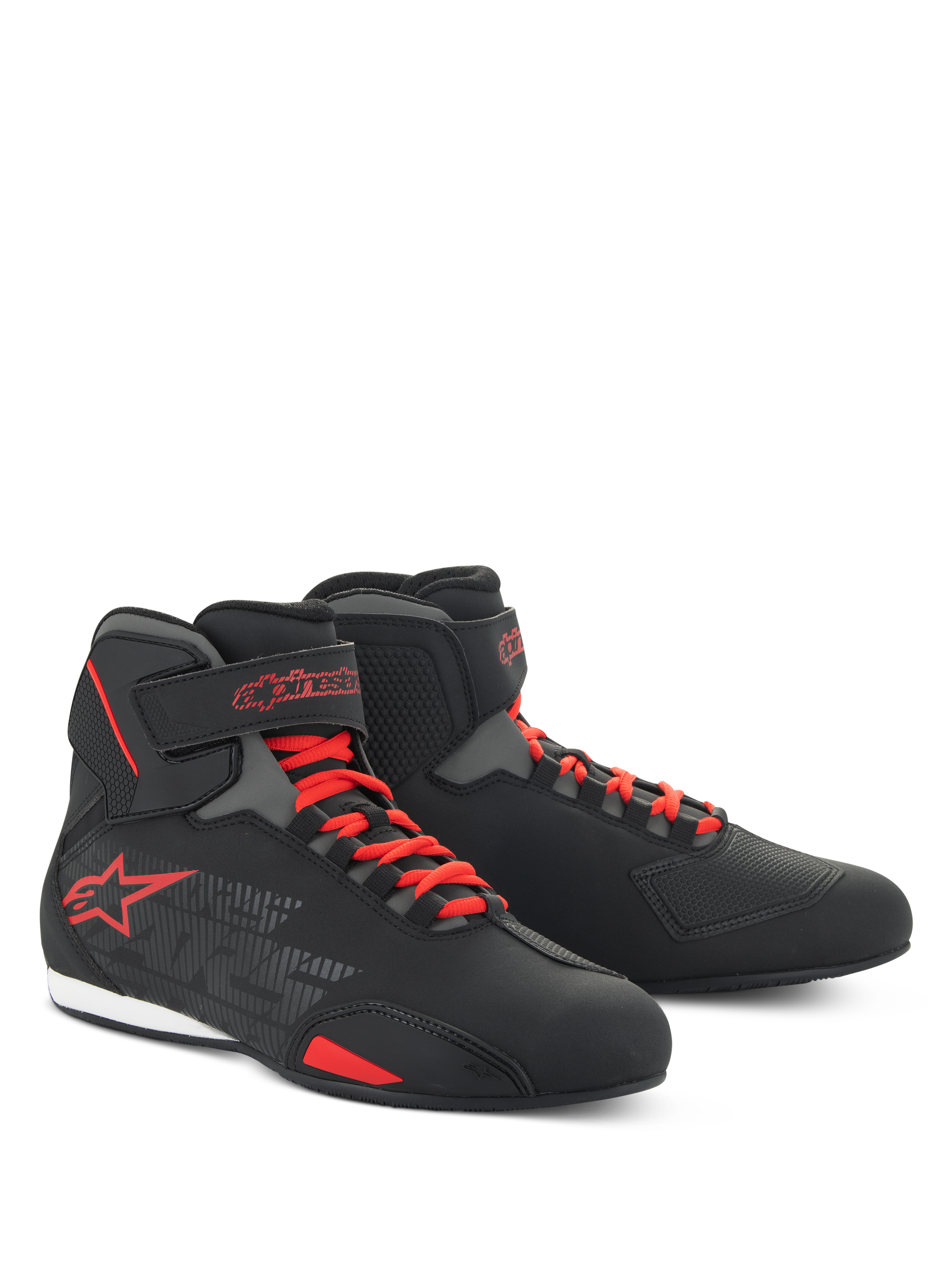 Alpinestars Sektor Shoes, low-cut motorcycle riding shoes, Black and Bright Red, featuring red speed lacing system, ankle straps, and bold red star logo, sleek microfiber construction for road and sport riding