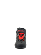 Alpinestars Sektor Shoes, Motorcycle Riding Shoes, Black and Bright Red, front view showing red laces and ankle strap with red Alpinestars logo, durable microfiber construction with a sleek sport profile