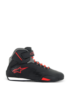 Alpinestars Sektor Shoes, Motorcycle Riding Shoes, Black and Bright Red, side profile view of high-top microfiber shoe featuring red speed laces, adjustable ankle strap, and red star logo, sleek road-riding design