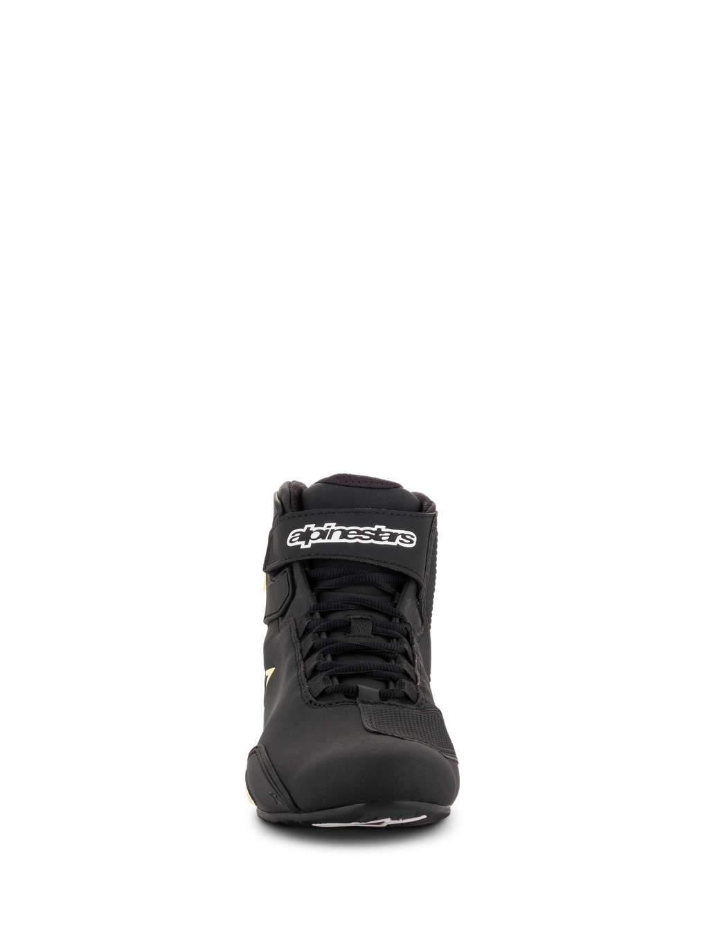 Alpinestars Sektor-skor, motorcykelskor, svart och fluorescerande gul, vy framifrån med snabbsnörningssystem, ankelrem med vit logotyp och lätt mikrofiberkonstruktion