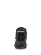 Alpinestars Sektor Shoes, Black, Front View, featuring speed lacing system and ankle strap with Alpinestars logo, lightweight microfiber motorcycle riding footwear