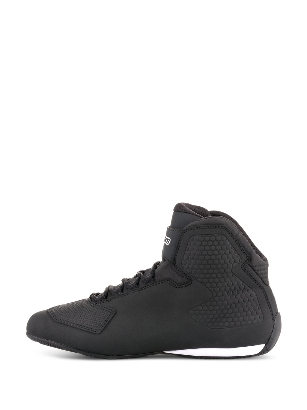 Alpinestars Sektor Shoes, Motorcycle Riding Shoes, Black, side profile view, high-top design with laces, microfiber upper, textured ankle protection, sleek racing-inspired look with white sole accent