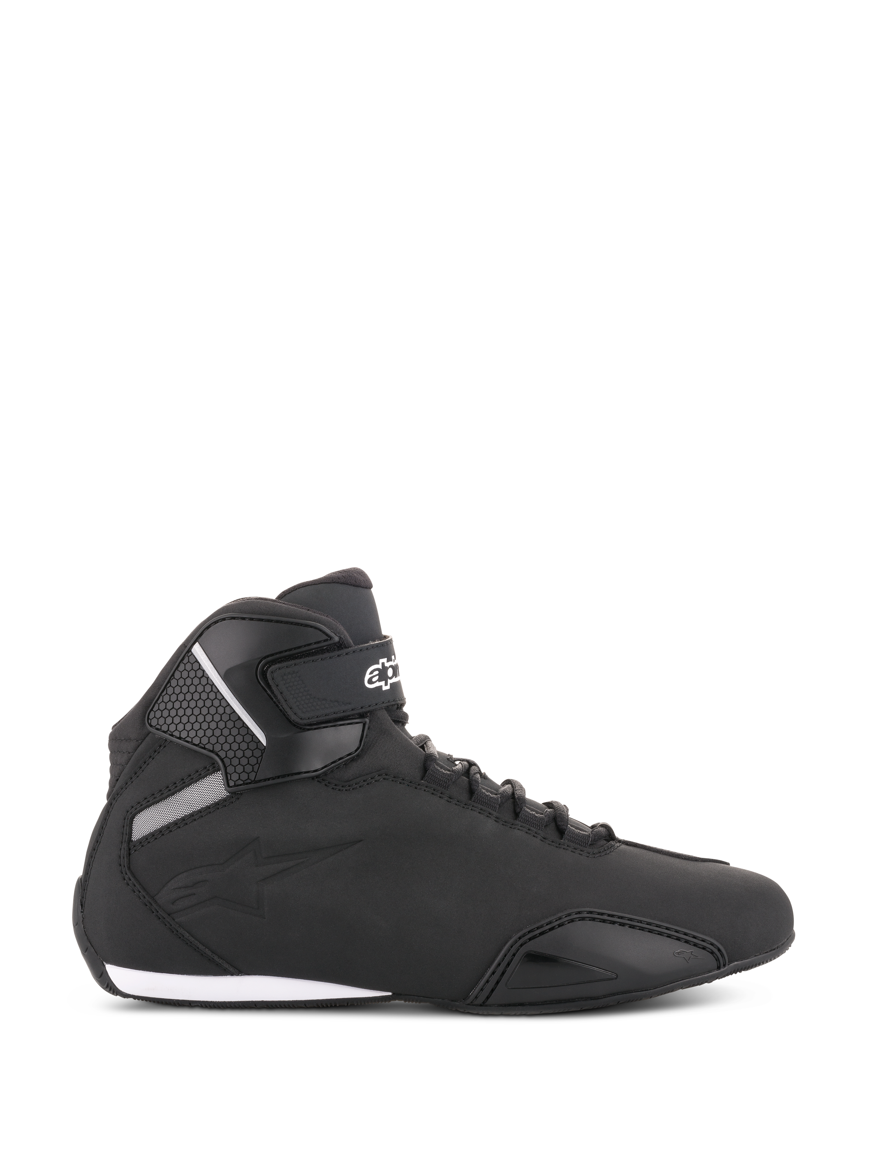 Alpinestars Sektor Shoes, Black Motorcycle Riding Shoes, side profile view, sleek high-top design with microfiber upper, ankle strap featuring white logo, speed lacing, and reinforced toe and heel areas, sport-inspired road footwear