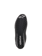 Alpinestars Sektor Shoes, Black Motorcycle Riding Shoes, bottom view showing textured rubber sole, white Alpinestars star logo on the toe and heel branding, designed for grip and durability