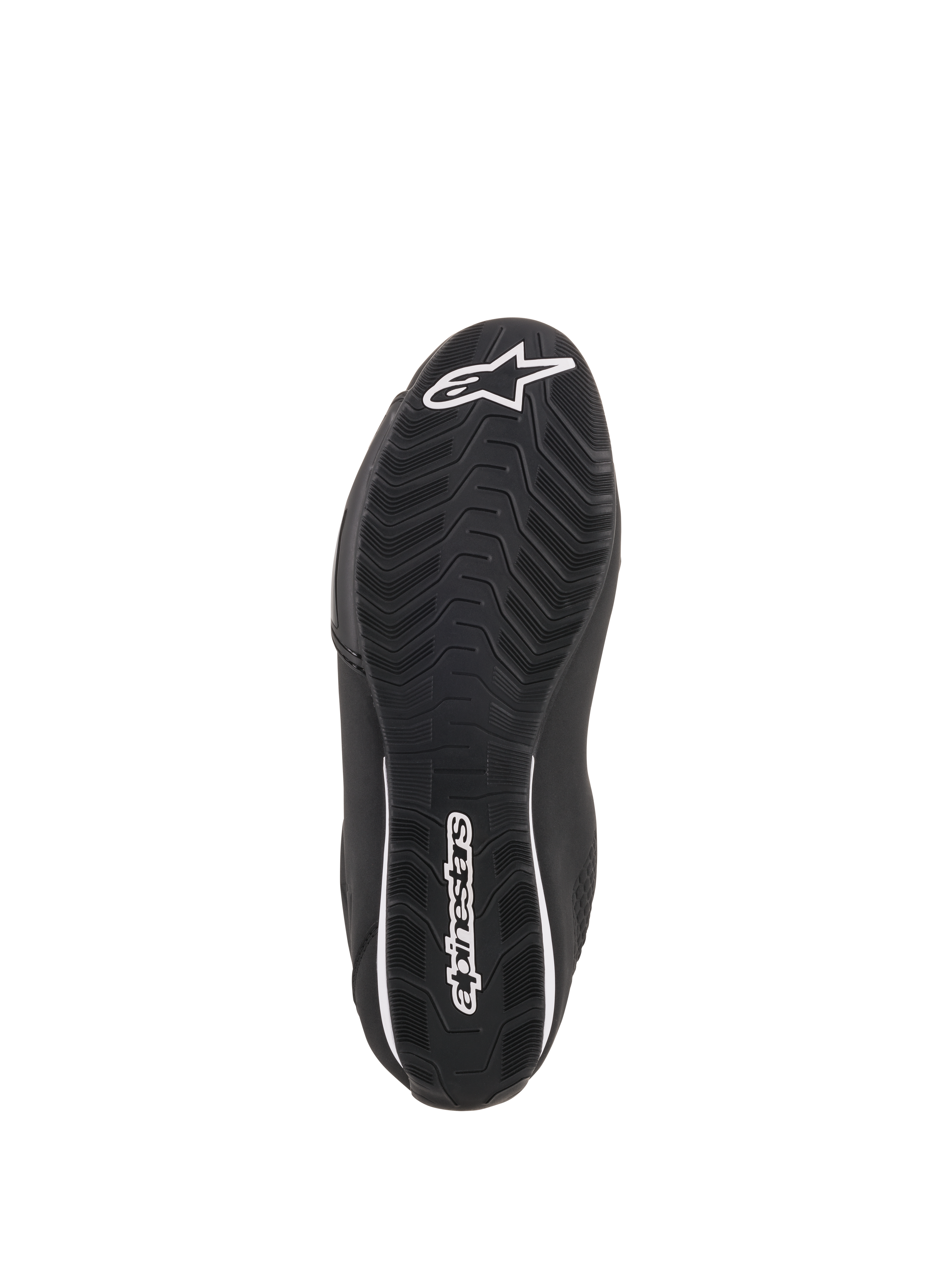 Alpinestars Sektor Shoes, Black Motorcycle Riding Shoes, bottom view showing textured rubber sole, white Alpinestars star logo on the toe and heel branding, designed for grip and durability