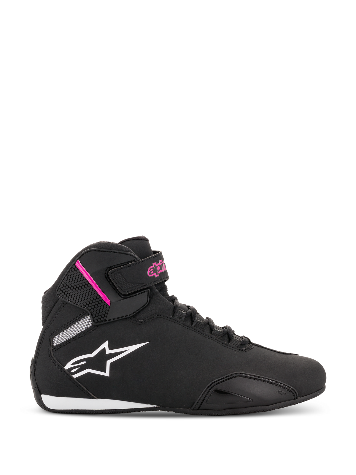 Alpinestars Stella Sektor-skor för damer, svarta och fuchsiafärgade höga motorcykelskor, vit stjärnlogotyp, rosa detaljer på ankelremmen, svarta skosnören, vit och svart sula, lätt mikrofiberkonstruktion