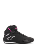 Alpinestars Women Stella Sektor Shoes, Black and Fuchsia high-top motorcycle riding shoes, white star logo, pink accents on ankle strap, black laces, white and black sole, lightweight microfiber construction