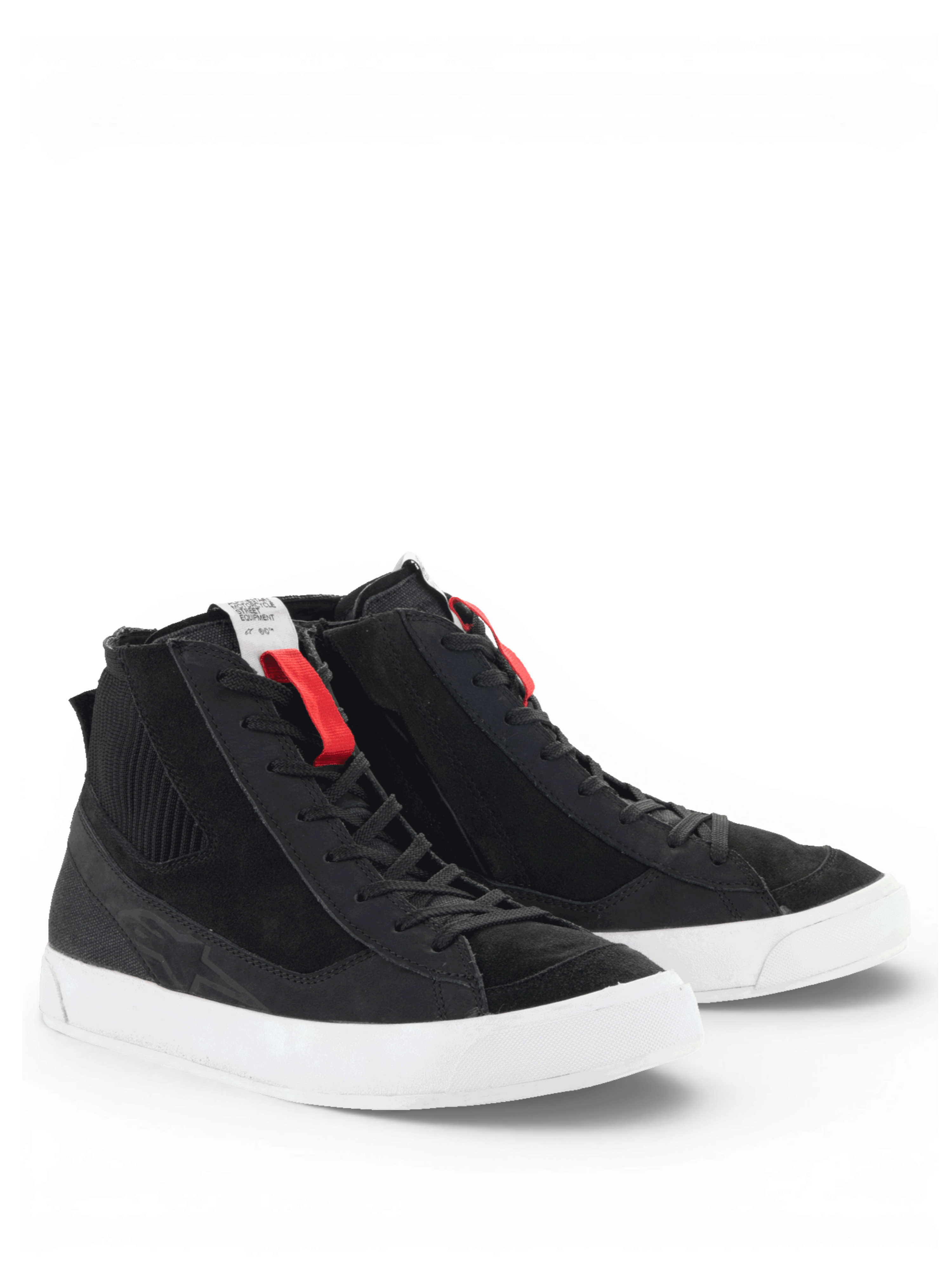 Alpinestars Stated skor, urbana motorcykelsneakers för herr, svarta och vita, nubuck och mocka i retro skate-stil, vulkaniserad sula, CE-certifierade.