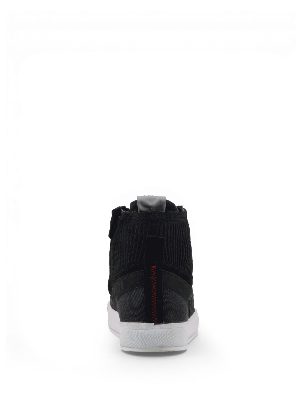 Alpinestars Stated skor, urbana MC-sneakers för herrar, vy bakifrån i svart nubuck och canvas med vita sulor.