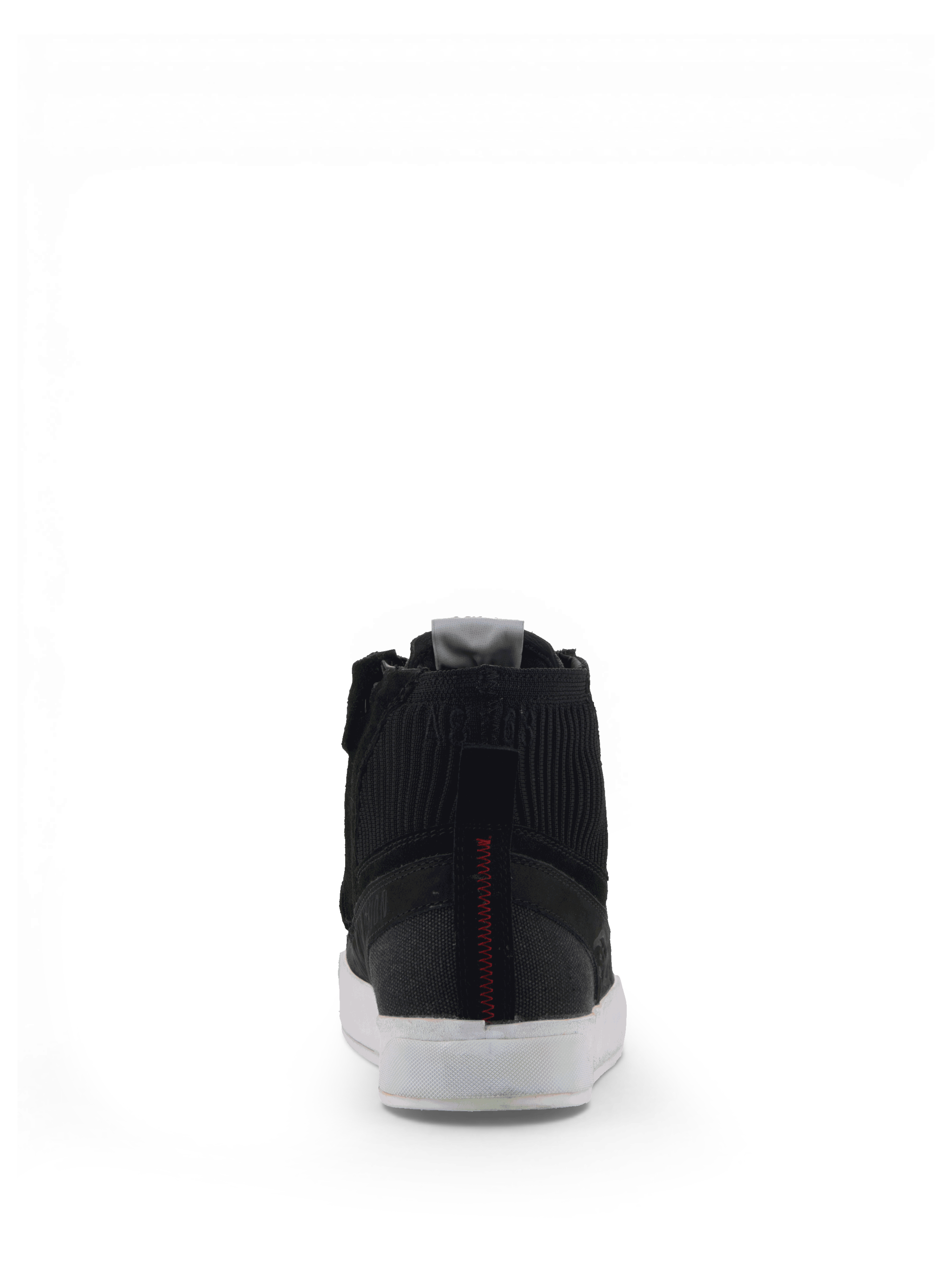 Alpinestars Stated skor, urbana MC-sneakers för herrar, vy bakifrån i svart nubuck och canvas med vita sulor.