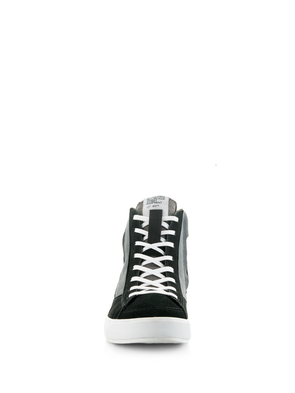 Alpinestars Stated Shoes, svart, grå och vit, framifrån vy av high-top sneaker för motorcykelkörning, vita skosnören, svart tåparti i mocka, gråa canvaspaneler, vit vulkaniserad sula, urban street-stil