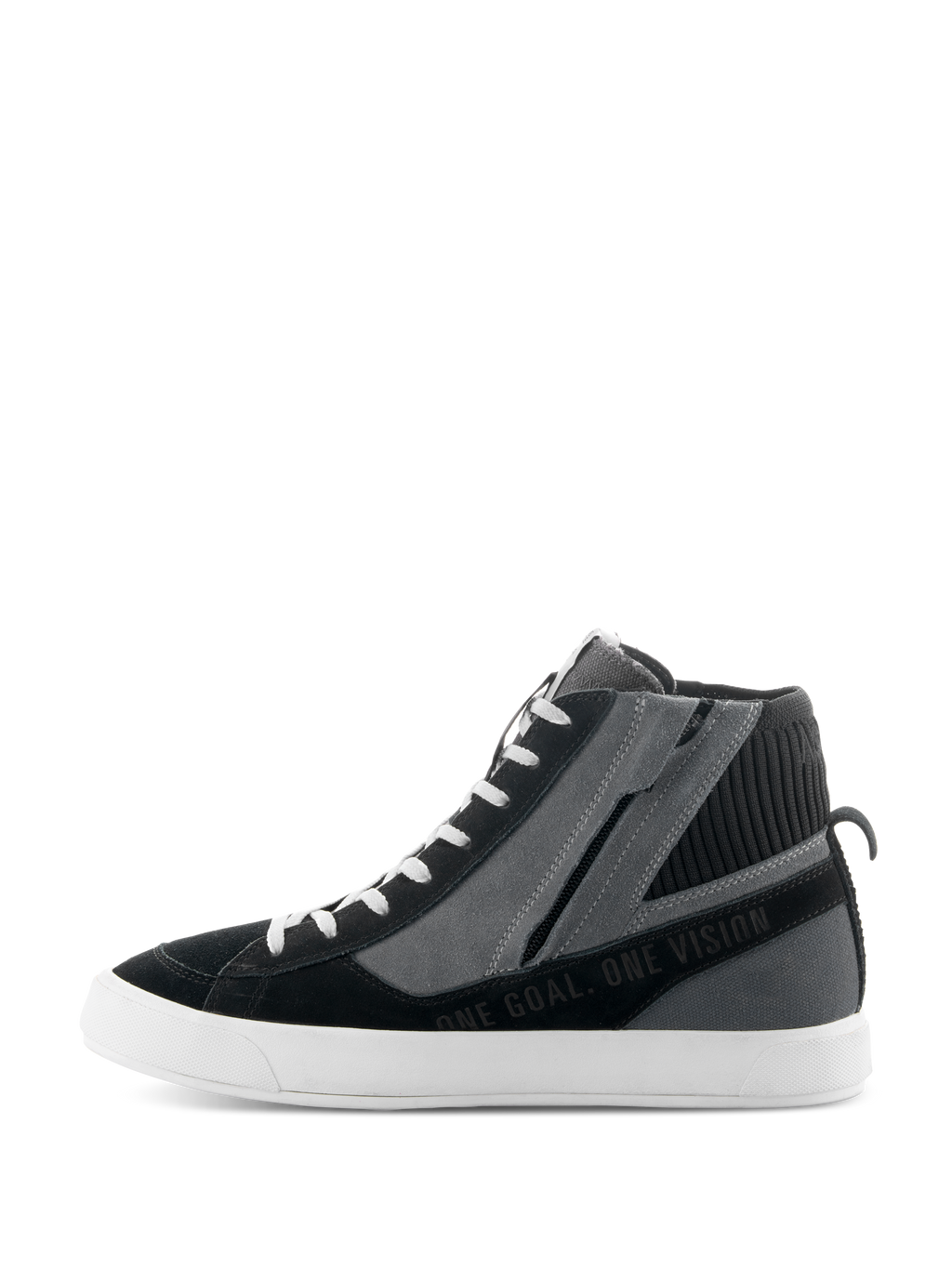 Alpinestars Stated-skor, svarta, grå och vita urbana motorcykelskor, sidoprofil med high-top sneakerdesign, dragkedja på sidan, vit vulkaniserad sula och texten "ONE GOAL. ONE VISION"