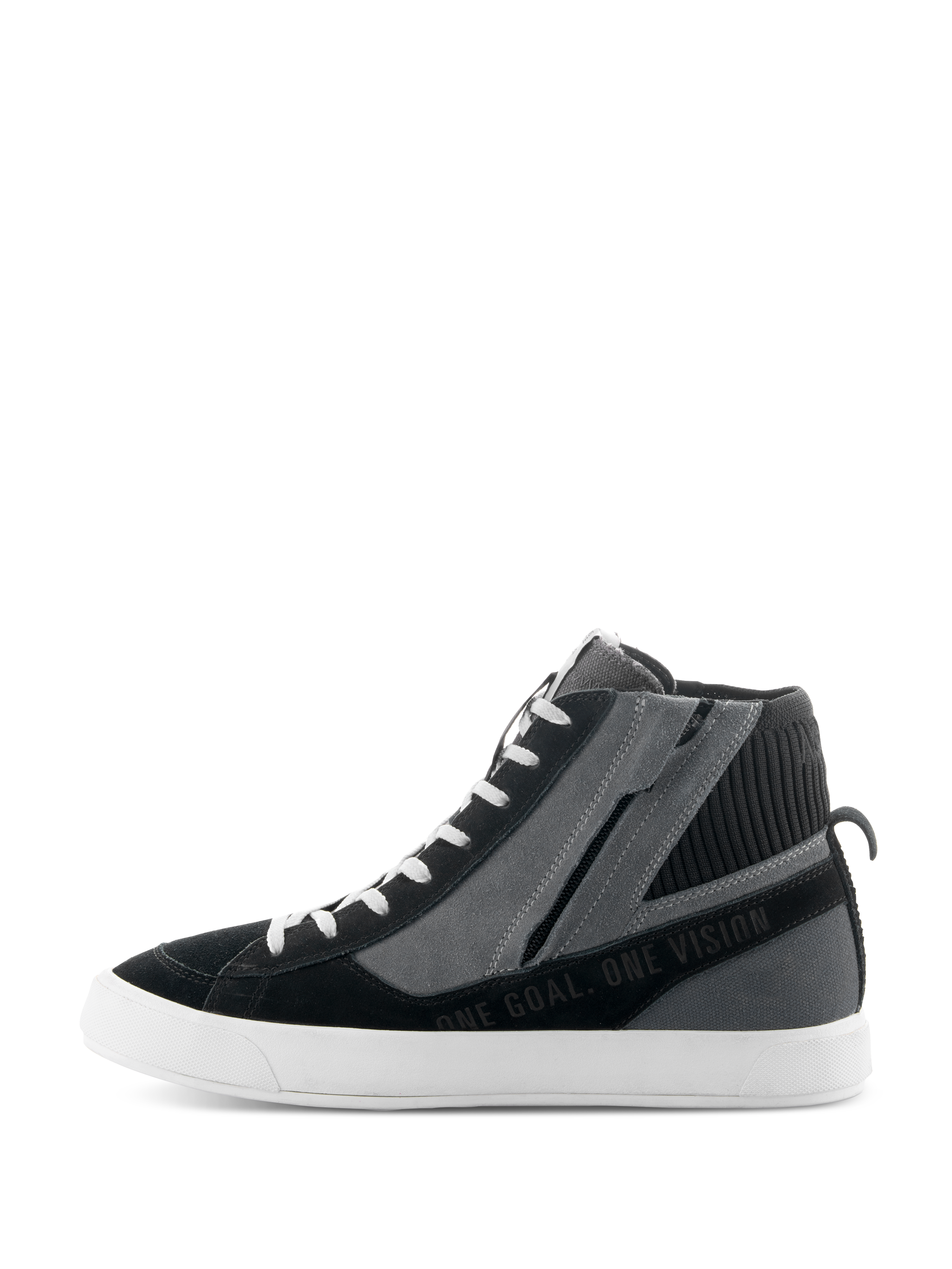 Alpinestars Stated-skor, svarta, grå och vita urbana motorcykelskor, sidoprofil med high-top sneakerdesign, dragkedja på sidan, vit vulkaniserad sula och texten "ONE GOAL. ONE VISION"
