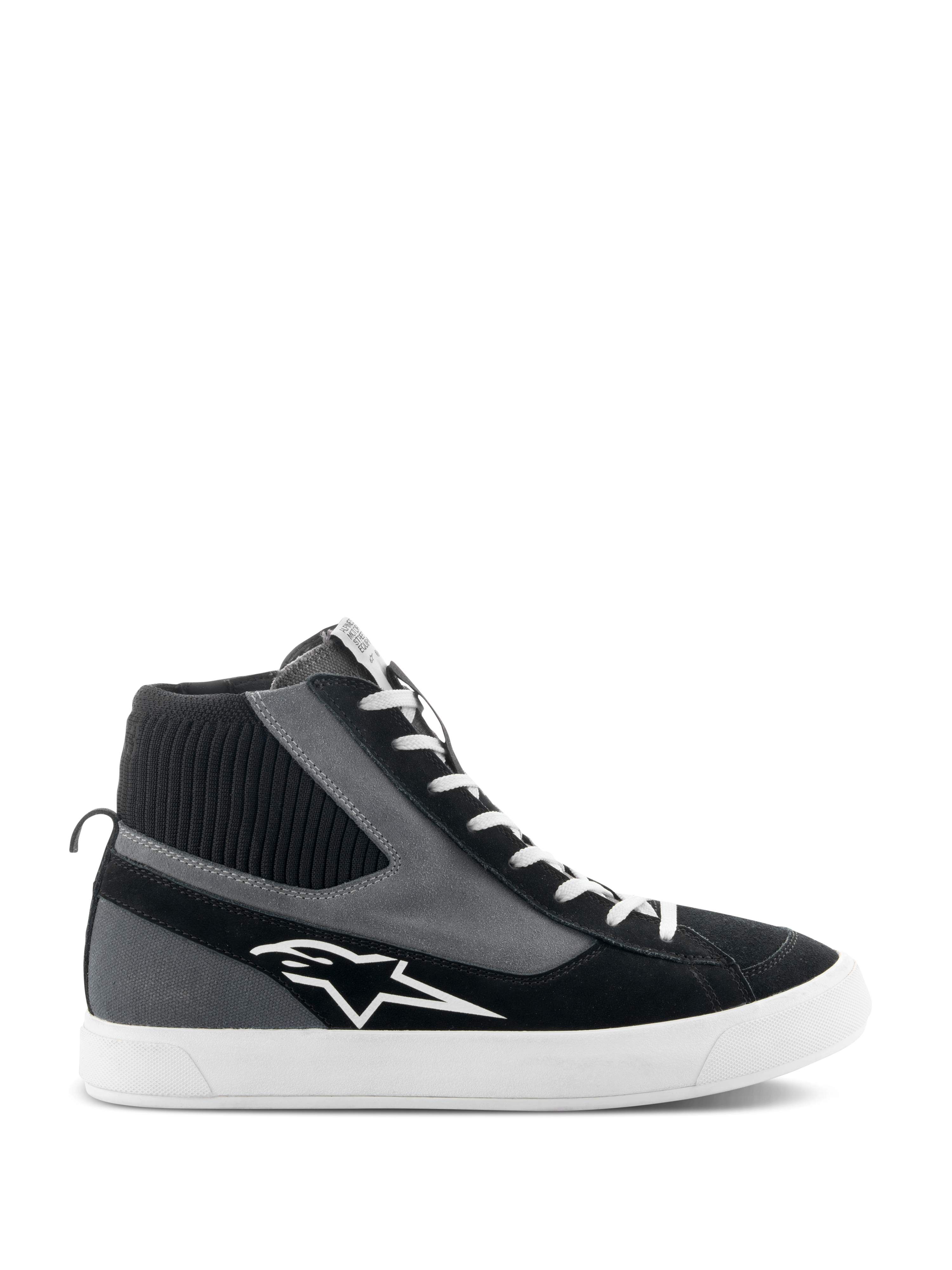 Alpinestars Stated Shoes, high-top motorcycle riding shoes, Black Gray and White, featuring a white star logo, white vulcanized rubber sole, ribbed knitted ankle collar and white laces, urban street style