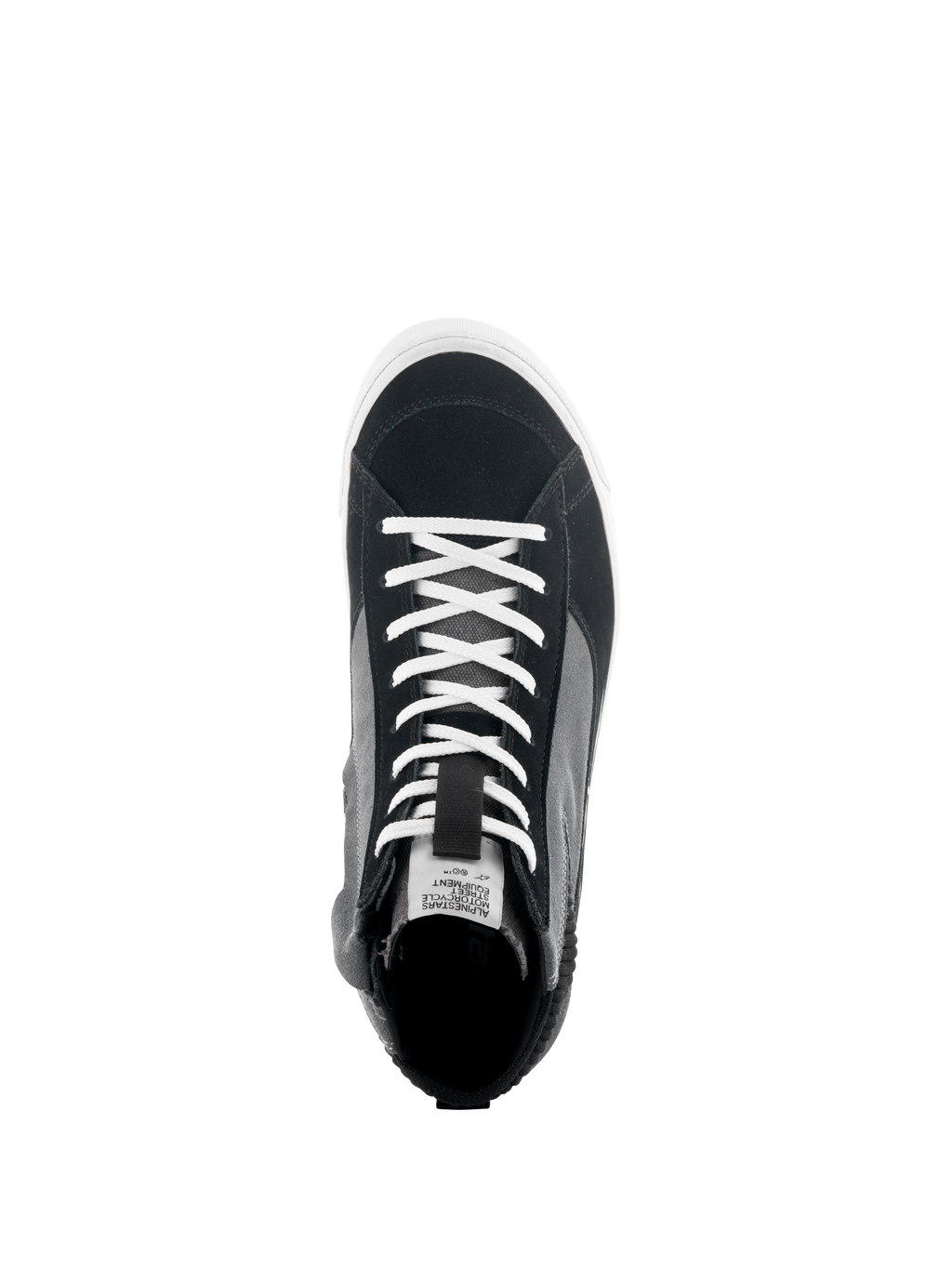 Alpinestars Stated Shoes, vy uppifrån av svart, grå och vit motorcykelsneaker, vita skosnören, ovandel i delad mocka och canvas, vit vulkaniserad sula, urbana körskor