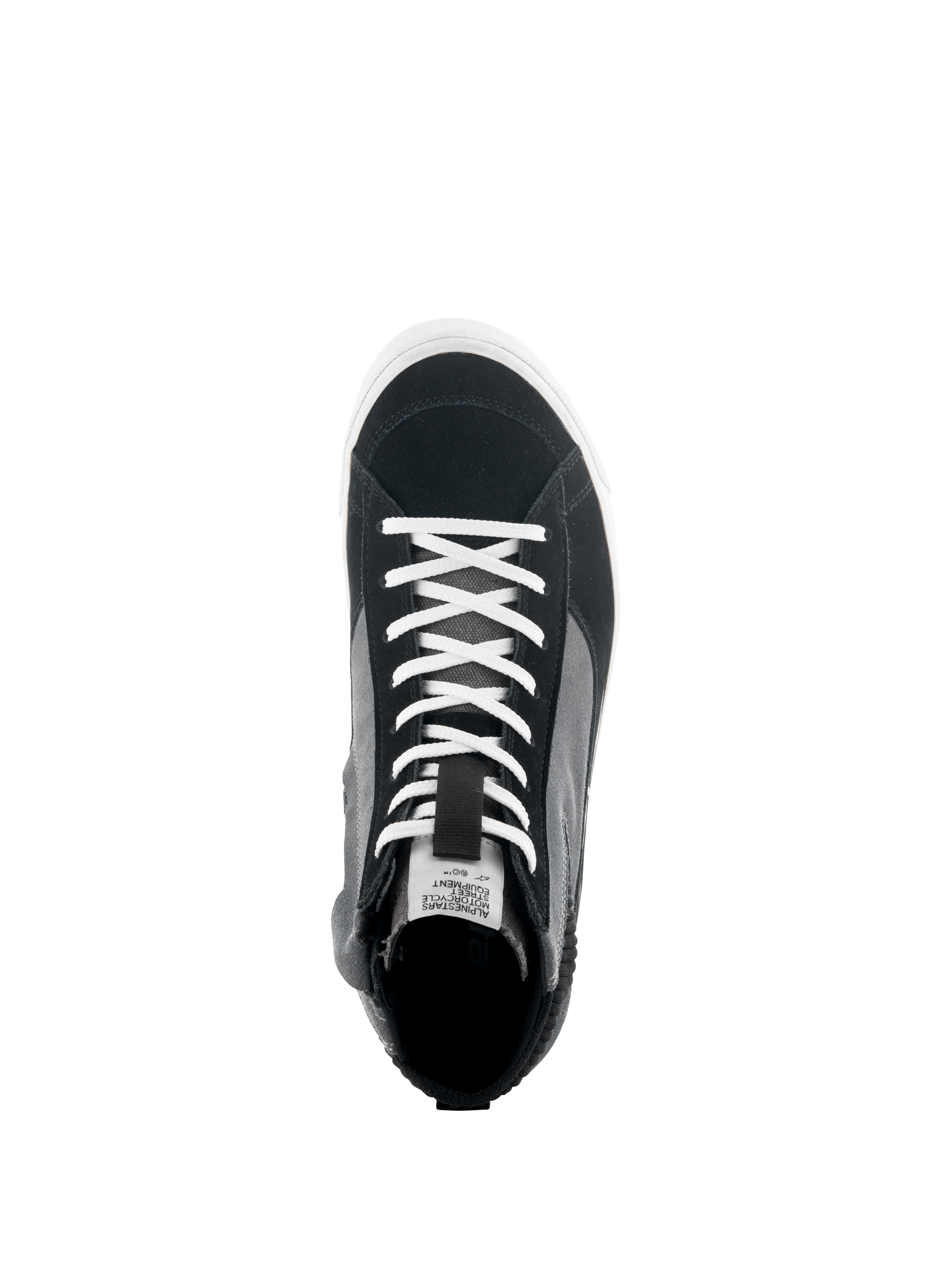 Alpinestars Stated Shoes, vy uppifrån av svart, grå och vit motorcykelsneaker, vita skosnören, ovandel i delad mocka och canvas, vit vulkaniserad sula, urbana körskor