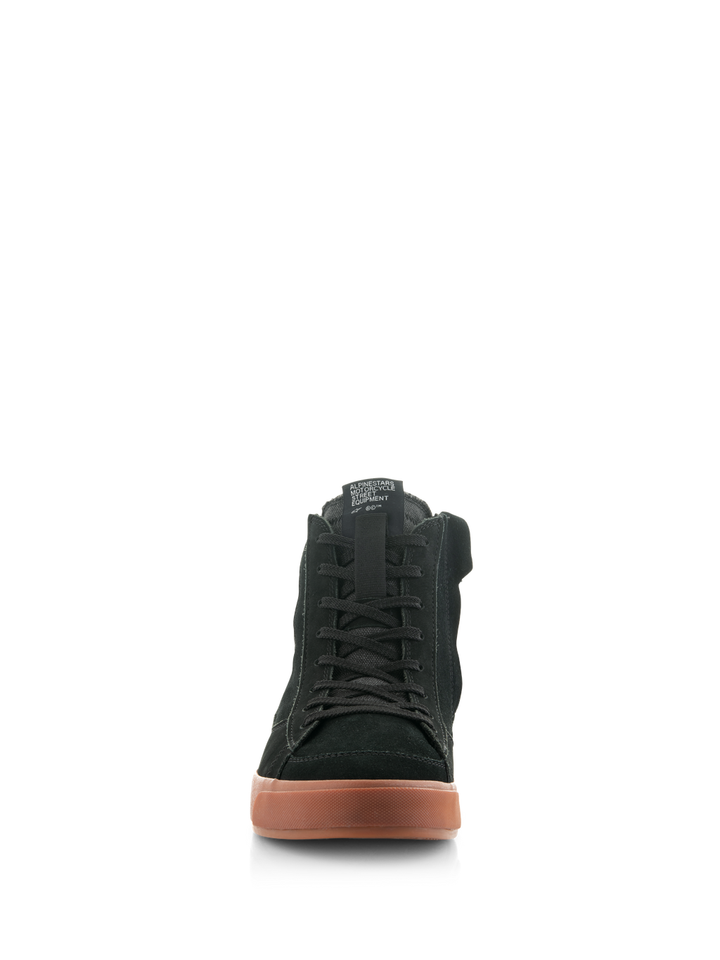 Alpinestars Stated-skor, urbana motorcykelskor, Black Gum, vy framifrån med ovandel i svart nubuck och mocka, klassisk snörning och texturerad gummisula, skate-inspirerade skyddsskor