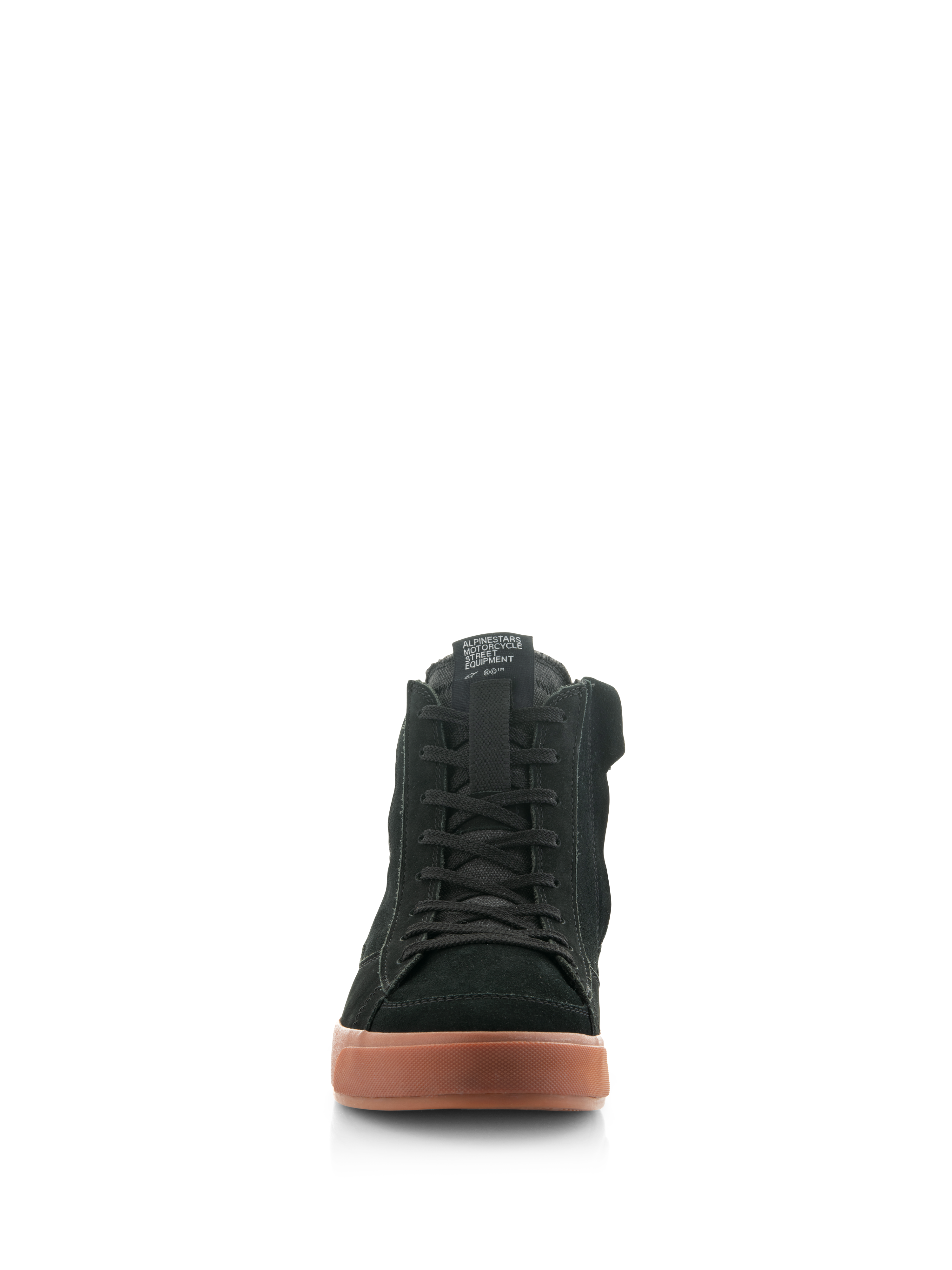 Alpinestars Stated-skor, urbana motorcykelskor, Black Gum, vy framifrån med ovandel i svart nubuck och mocka, klassisk snörning och texturerad gummisula, skate-inspirerade skyddsskor