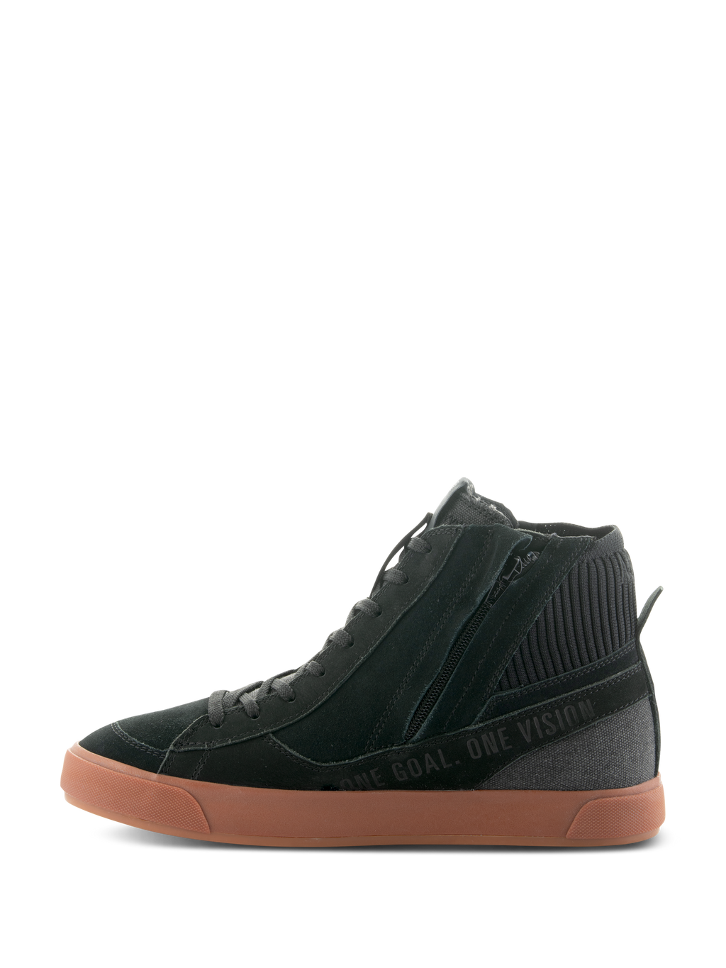 Alpinestars Stated-skor, urbana motorcykelskor, Black and Gum, profilvy som visar sidodragkedja, vulkaniserad gummisula och texten 'ONE GOAL. ONE VISION.' på ovandelen i mocka och canvas