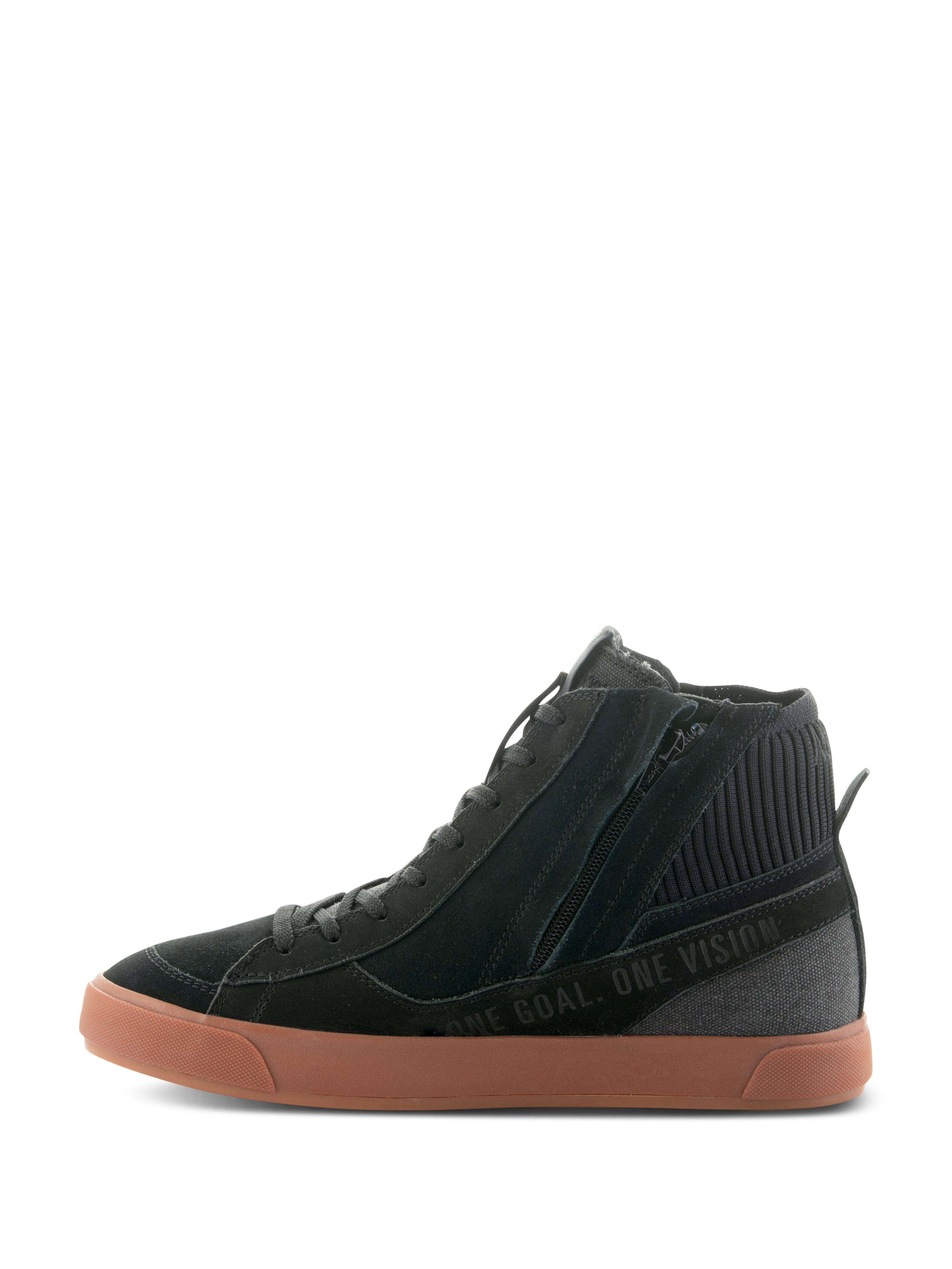 Alpinestars Stated-skor, urbana motorcykelskor, Black and Gum, profilvy som visar sidodragkedja, vulkaniserad gummisula och texten 'ONE GOAL. ONE VISION.' på ovandelen i mocka och canvas