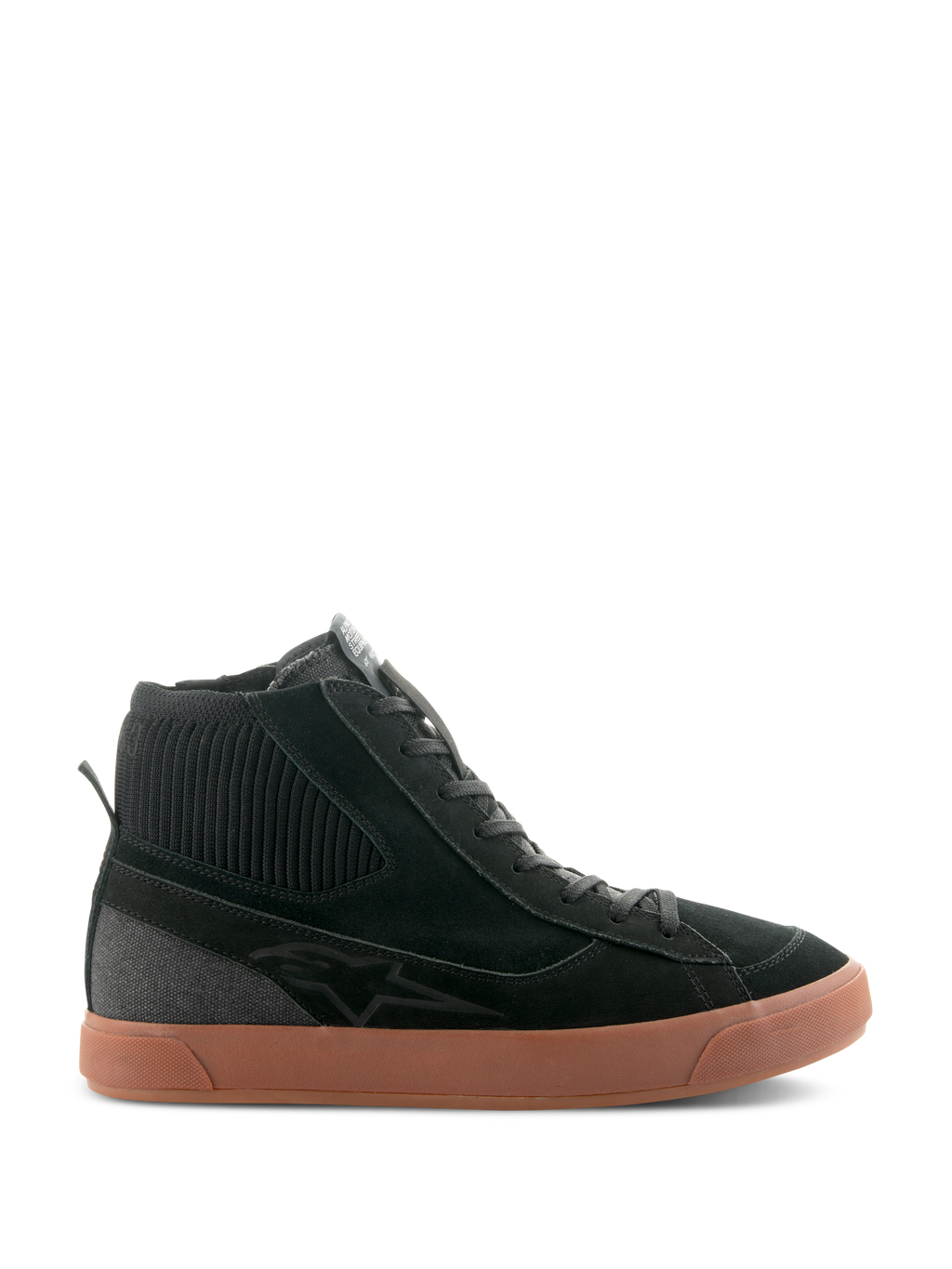 Alpinestars Stated Shoes, svarta höga mc-sneakers med brun gummisula, ovandel i mocka och canvas med ribbstickad ankelkrage, retro skatestilsinspirerad streetwear-design