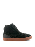 Alpinestars Stated Shoes, svarta höga mc-sneakers med brun gummisula, ovandel i mocka och canvas med ribbstickad ankelkrage, retro skatestilsinspirerad streetwear-design