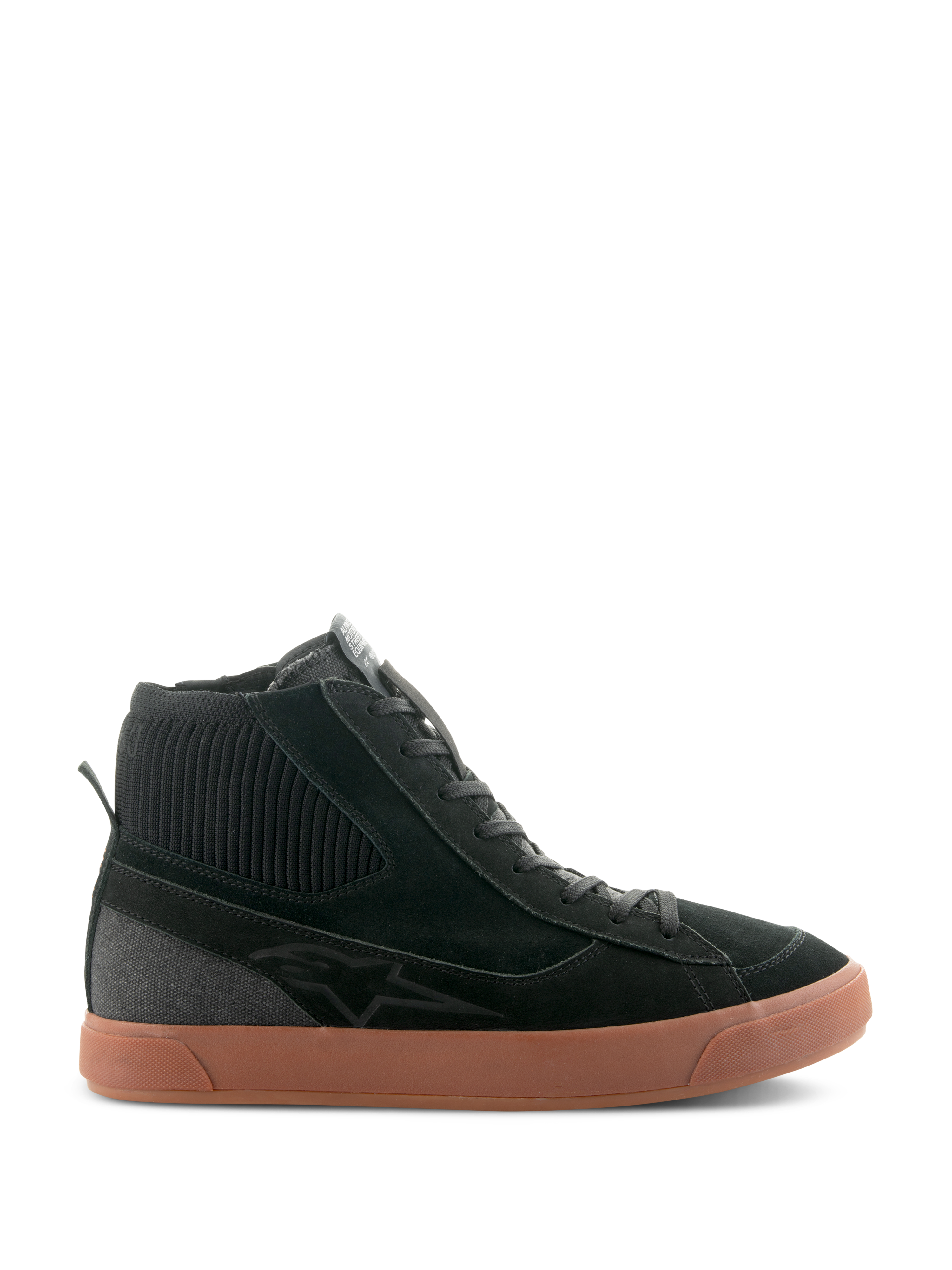 Alpinestars Stated Shoes, svarta höga mc-sneakers med brun gummisula, ovandel i mocka och canvas med ribbstickad ankelkrage, retro skatestilsinspirerad streetwear-design