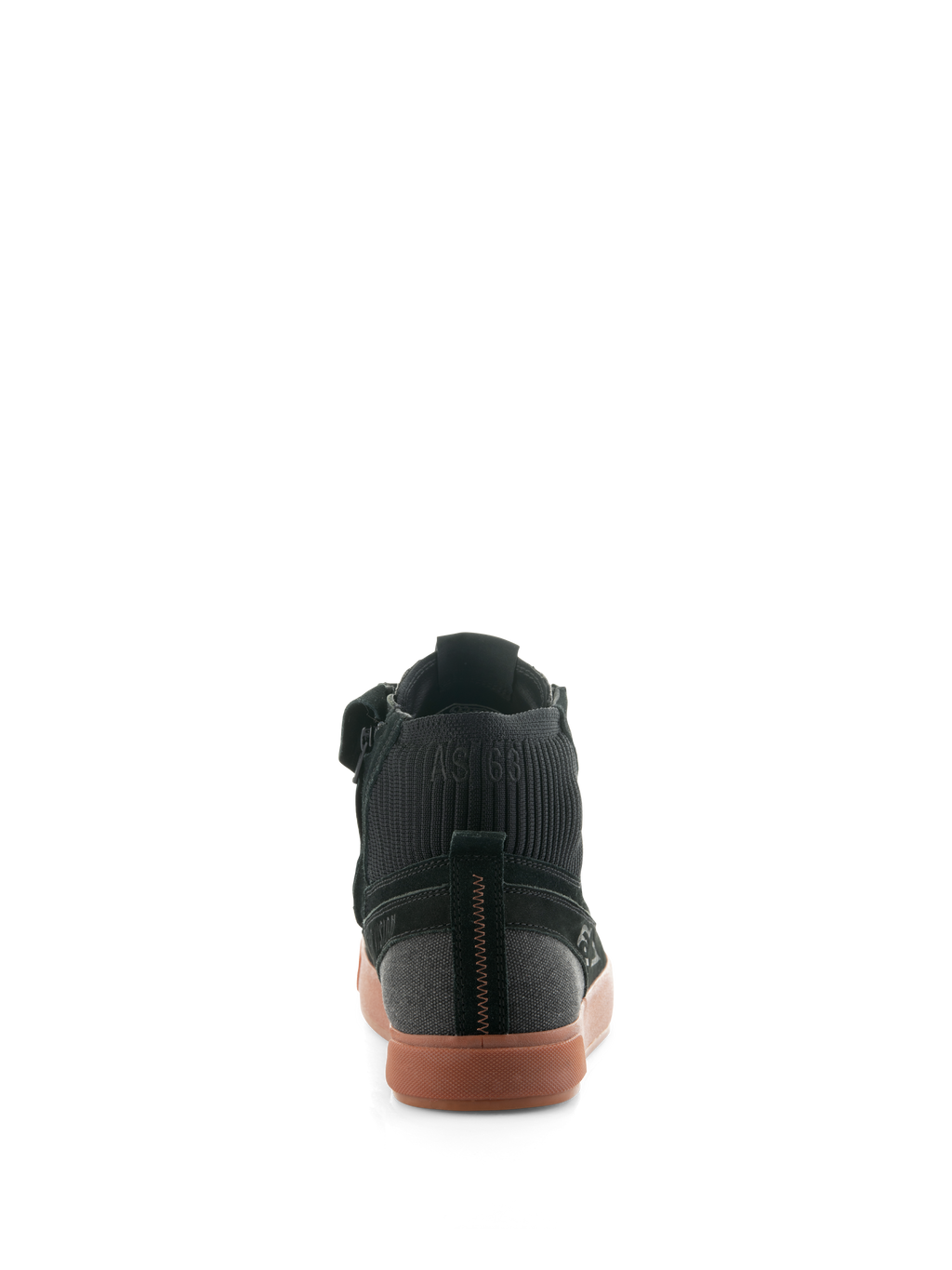 Alpinestars Stated Shoes, urbana motorskor i Black Gum, vy bakifrån som visar den vulkaniserade gummisulan, ovandel i svart mocka och canvas samt ribbstickad vristkrage