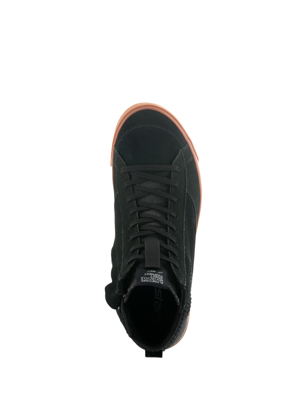 Alpinestars Stated-skor, vy uppifrån av urban motorcykelsko, svart ovandel i mocka med gummifärgad vulkaniserad sula, minimalistisk skatinspirerad design, klassisk snörning och street-sneakerstil.