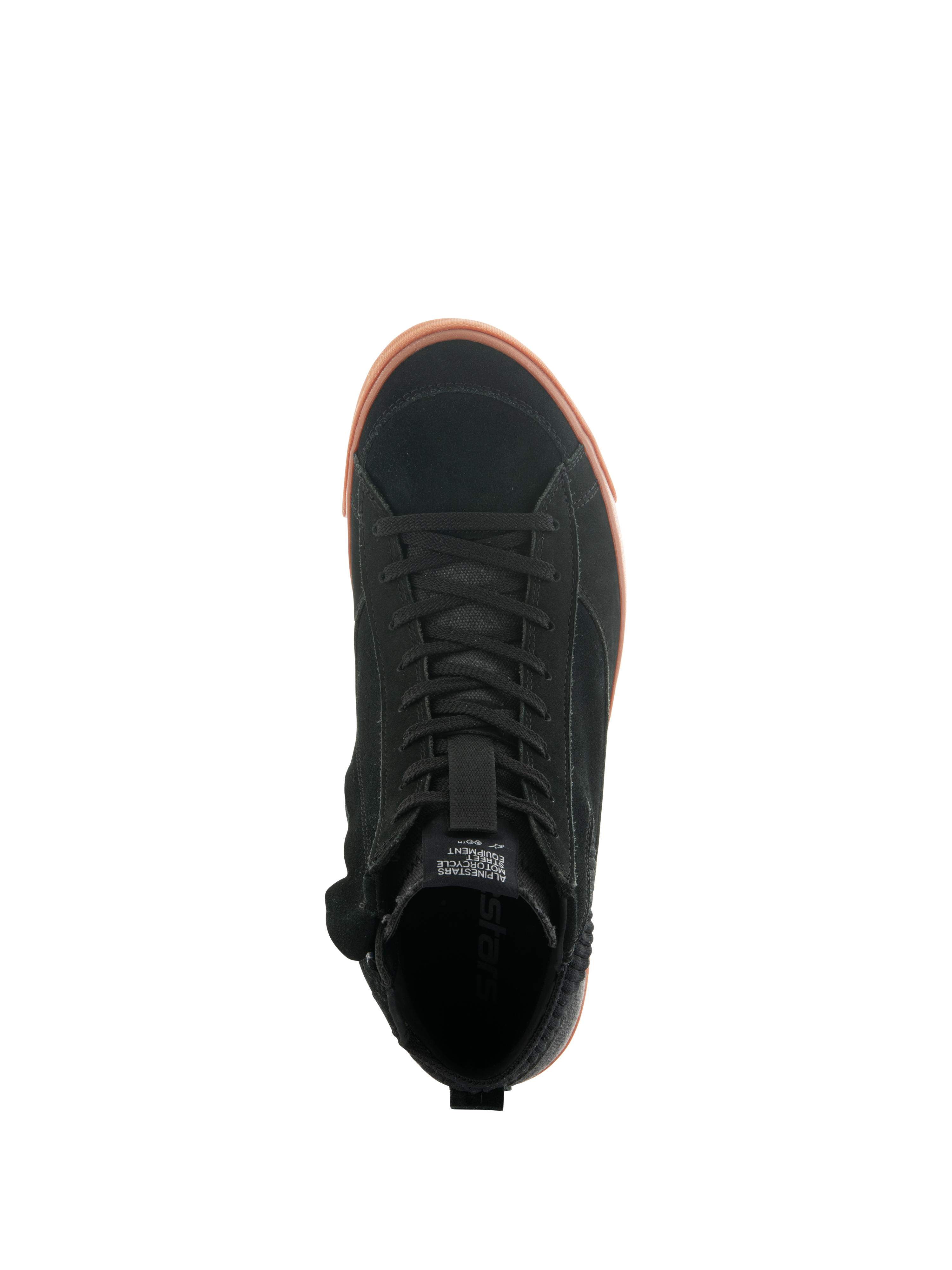 Alpinestars Stated-skor, vy uppifrån av urban motorcykelsko, svart ovandel i mocka med gummifärgad vulkaniserad sula, minimalistisk skatinspirerad design, klassisk snörning och street-sneakerstil.