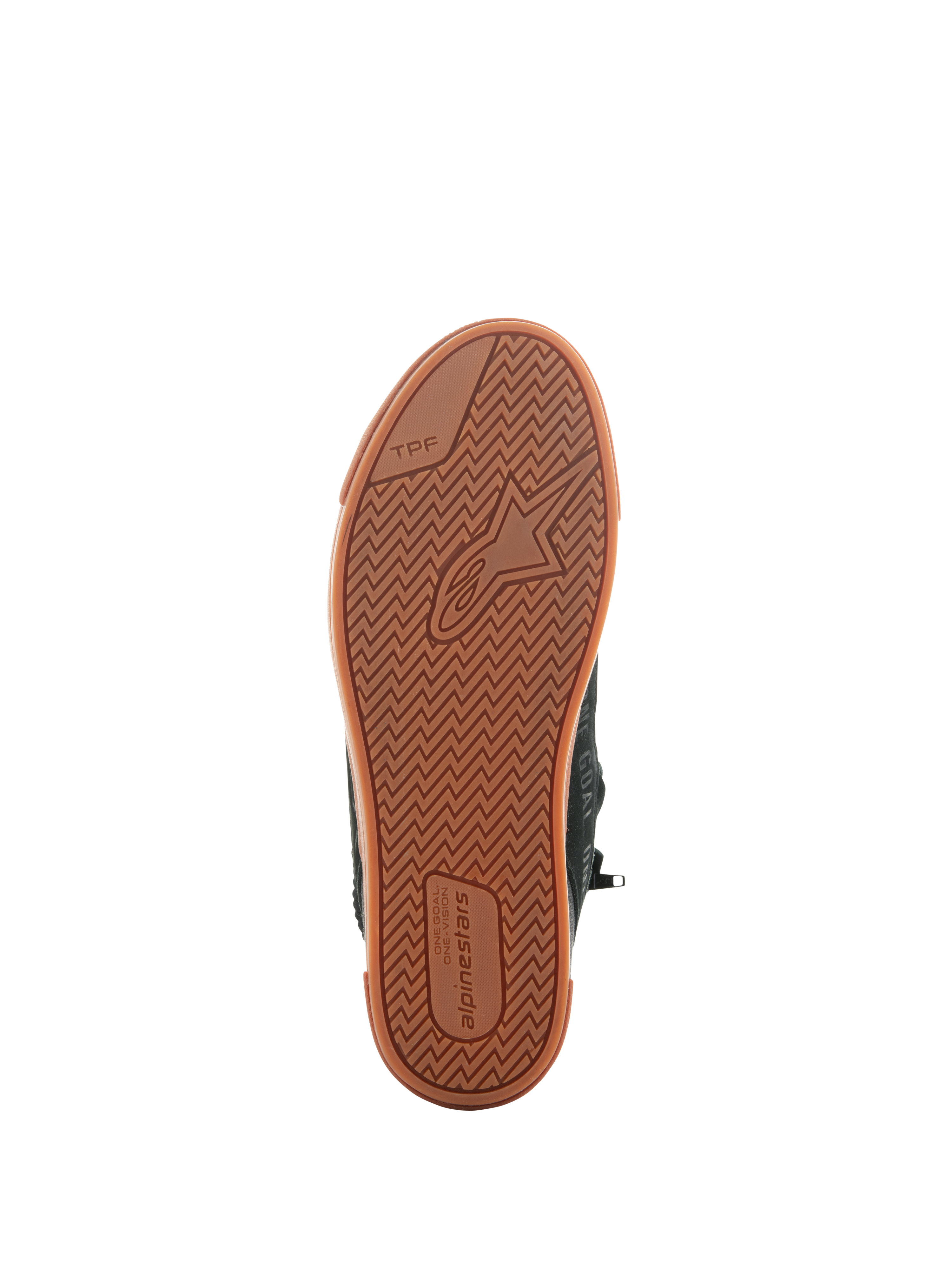 Alpinestars Stated-skor, Black Gum, undersida av den vulkaniserade gummisulan med fiskbensmönster, Alpinestars-logotyp och TPF-märkning (Transversal Protection Frame), urbana motorcykelskor